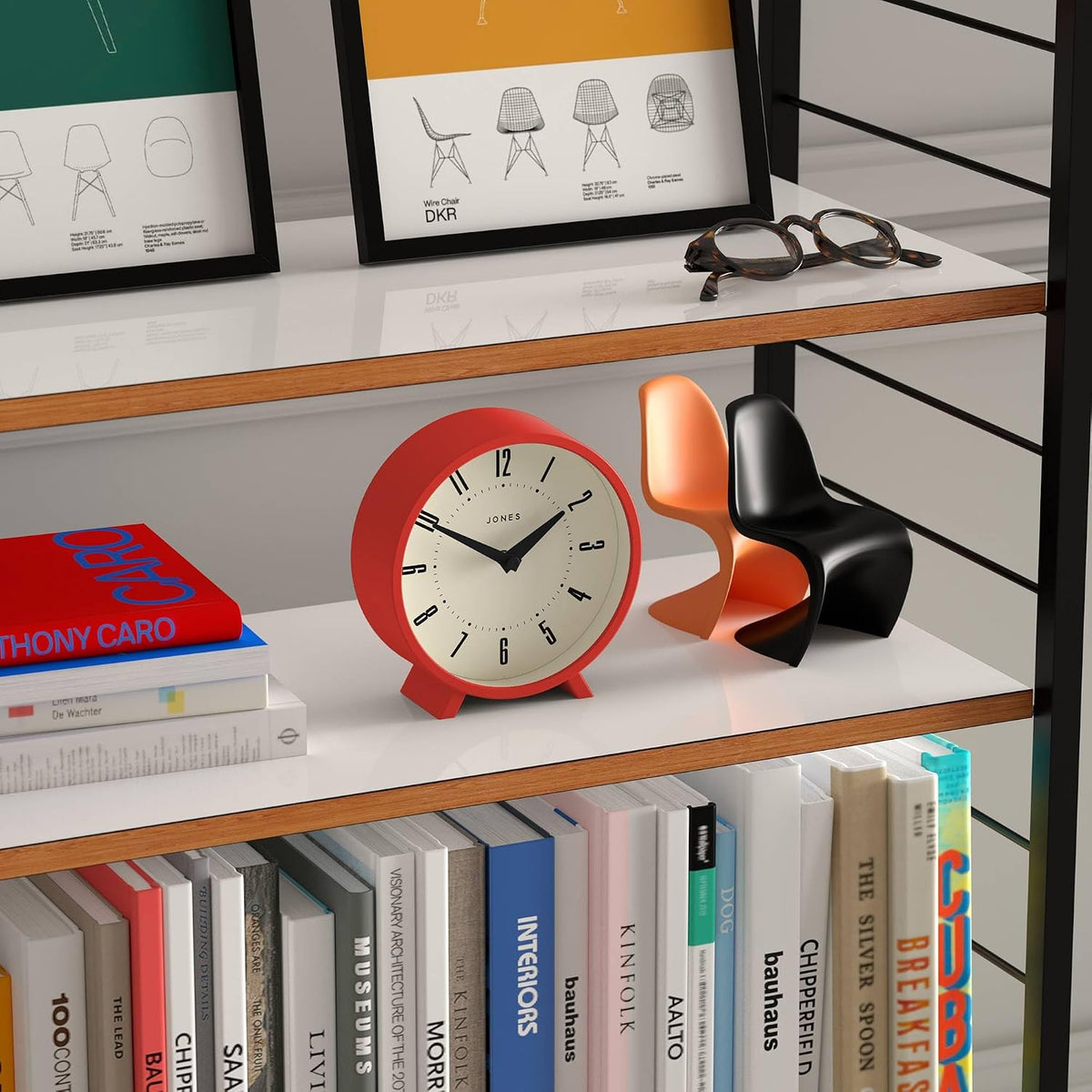 JONES CLOCKS® Venus Desk Clock | Modern Round Design | Red | Stylish Retro Look for Shelf, Table, Mantel or Bedside