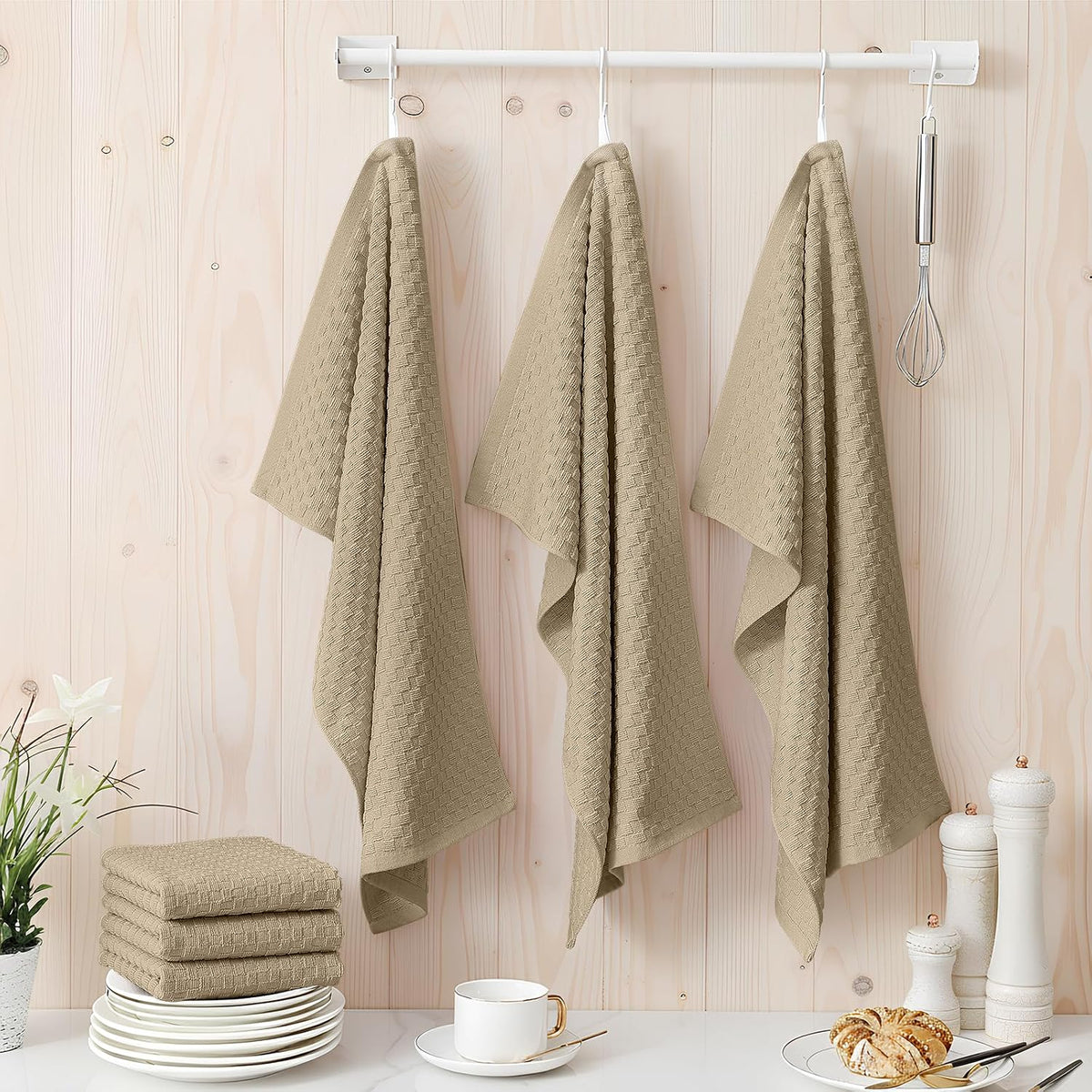 Homaxy 100% Cotton Terry Kitchen Towels(15" x 25", 12 Pack), Tan | Soft and Super Absorbent Dish Towels, 380 GSM