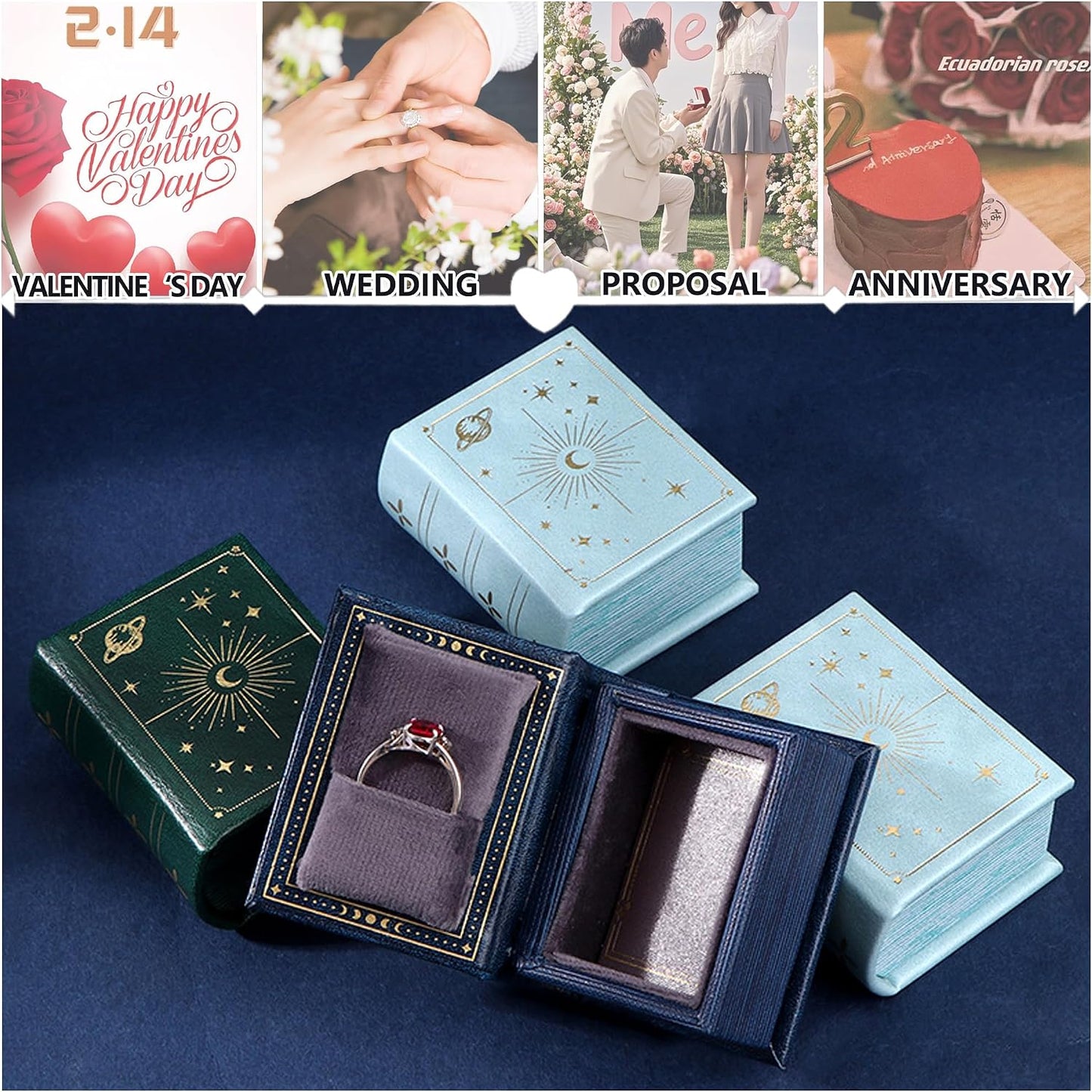 Vintage Magic Book-Shaped Ring Box Starry Sky Pattern PU Leather / Blue