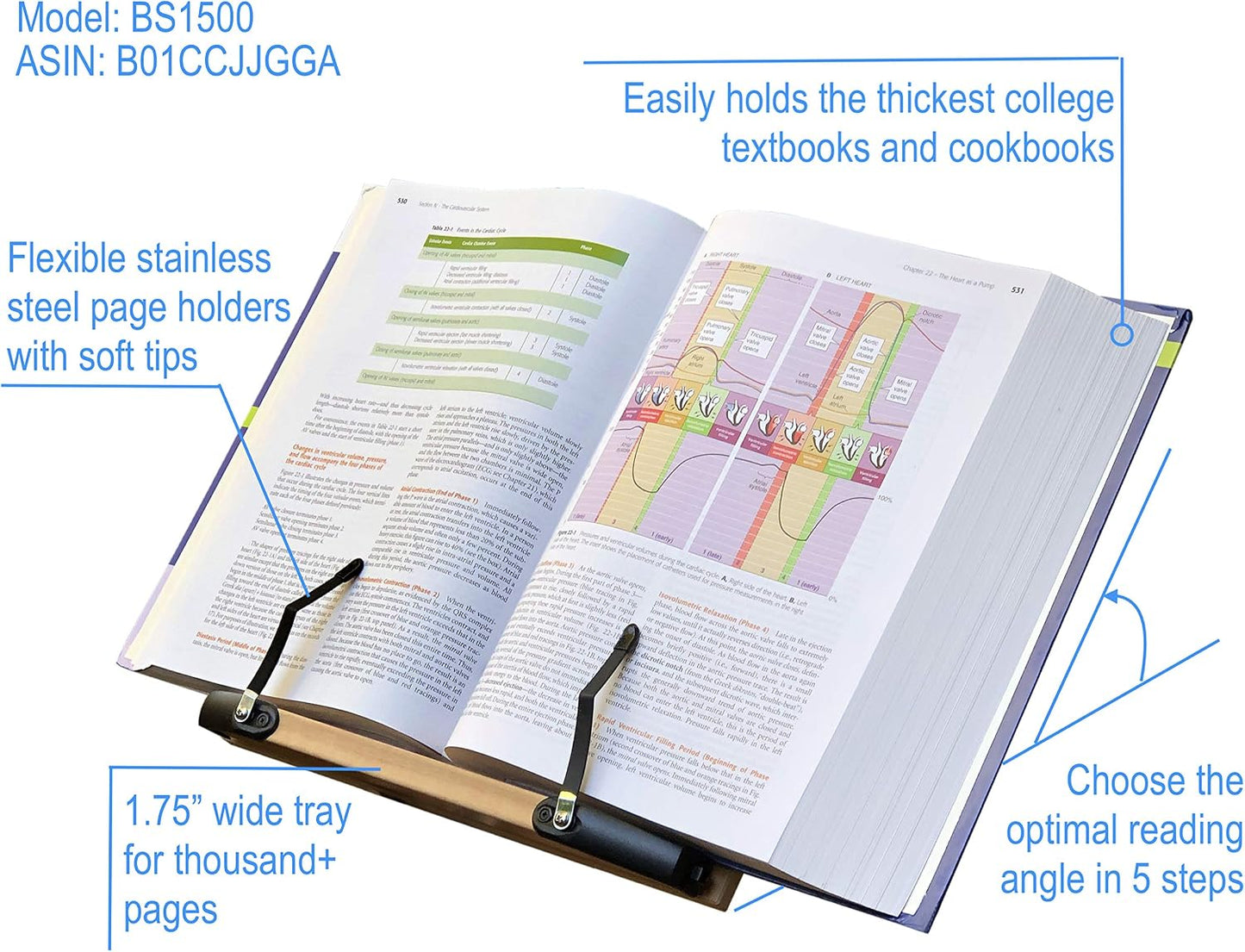 BS1500 11.8x8.5 Portable Adjustable Foldable Bookstand Holder for Reading Hands Free Large Thick Heavy Textbooks