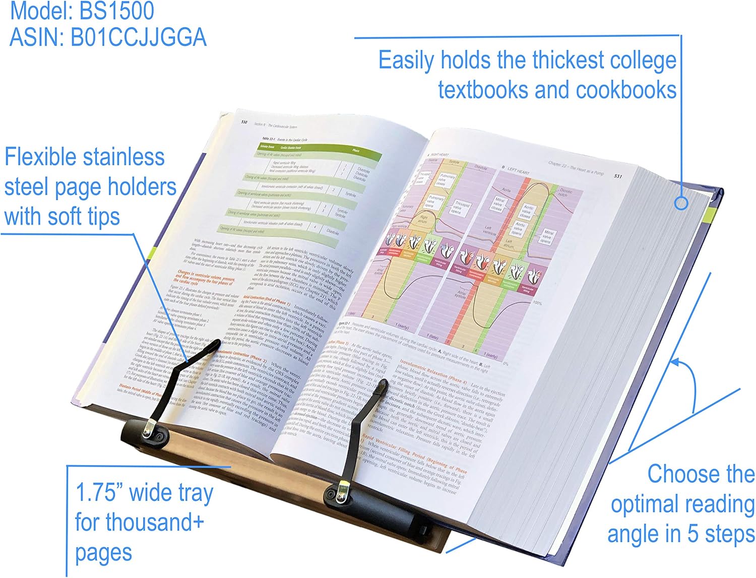 BS1500 11.8x8.5 Portable Adjustable Foldable Bookstand Holder for Reading Hands Free Large Thick Heavy Textbooks