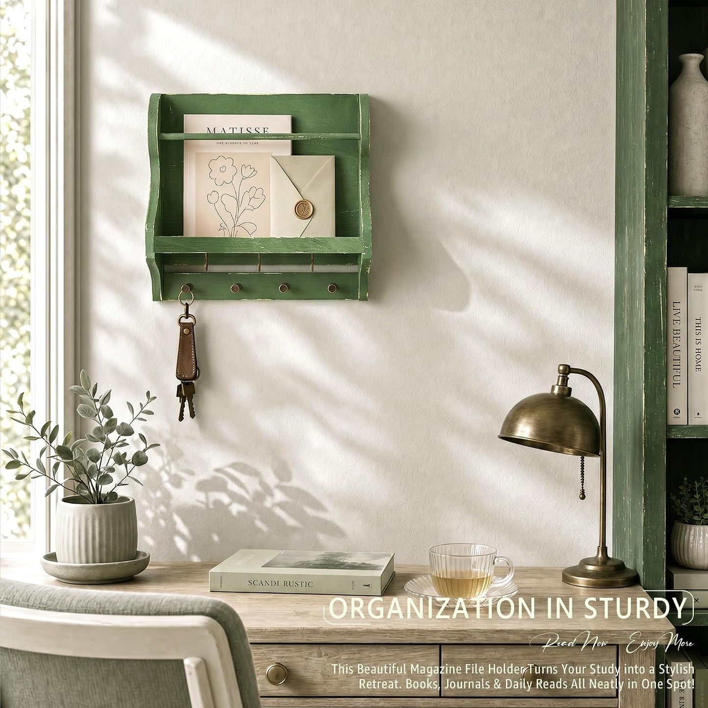 Pine Wood Mail Organizer Wall Mount / Green