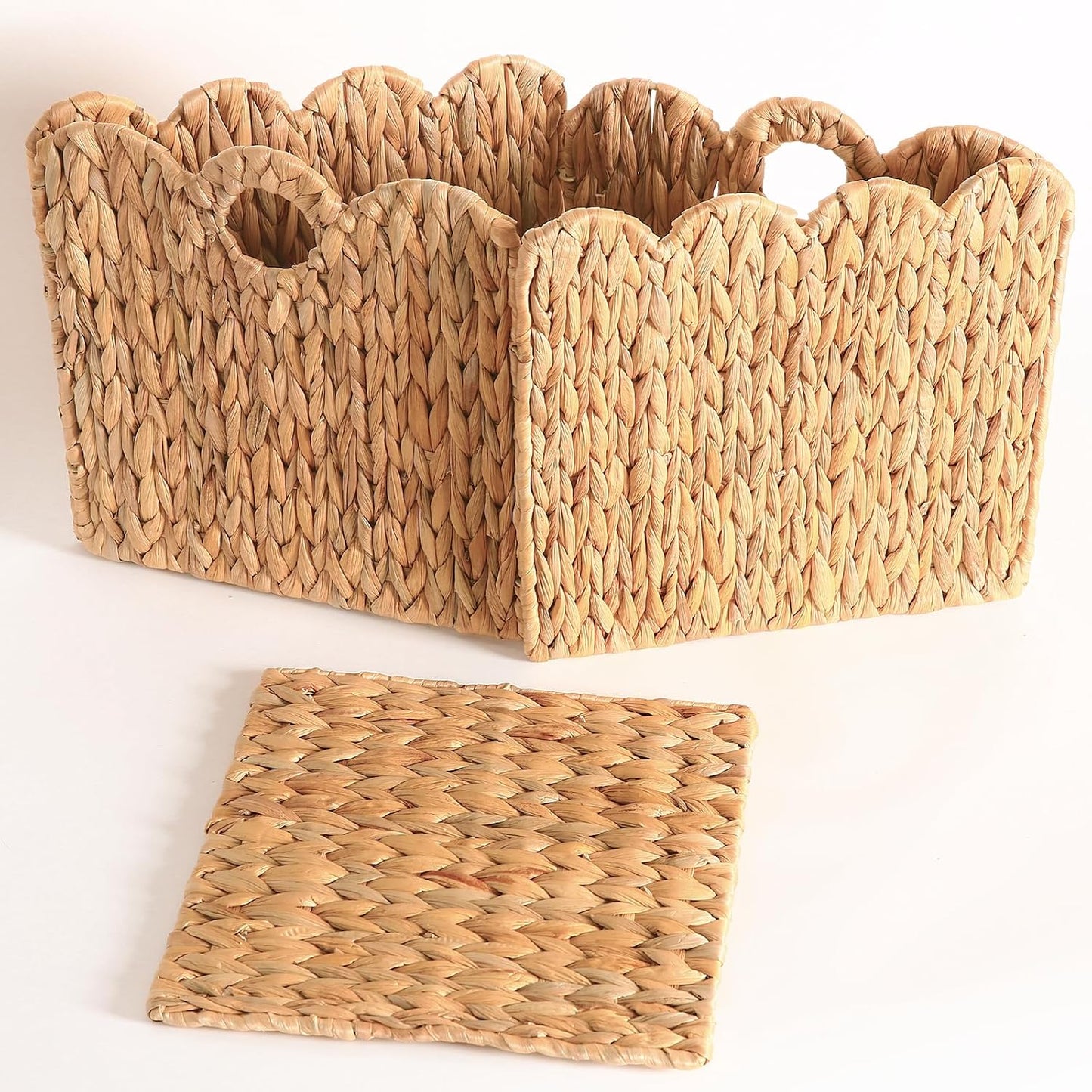 Scalloped Wicker Storage Cubes Basket / Light Beige / 12 x 12 x 12 / In&4-pack / Set of 4