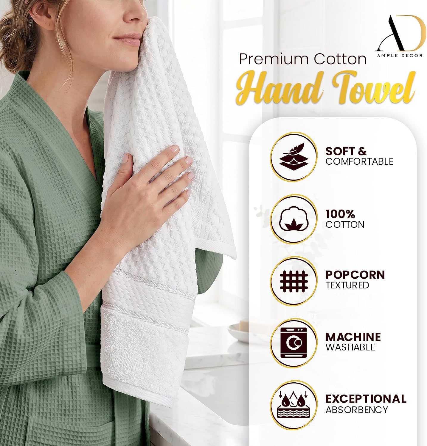 100% Cotton Hand Towels 18x28 Inches, Popcorn Textured, Soft & Absorbent, Quick Dry, Set of 8, Sky Blue