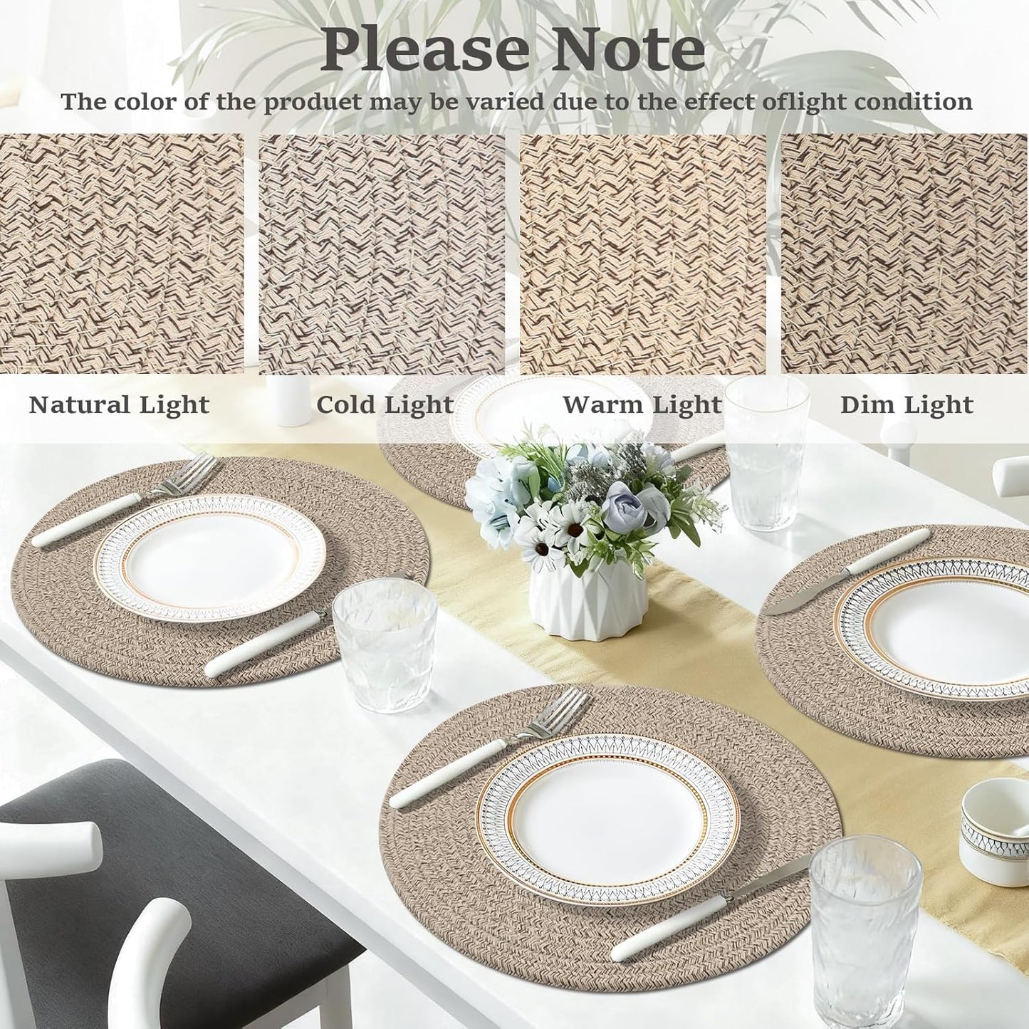 Round Placemats Set of 6, Cotton Rope Woven Table Mats, Hot Pads for Kitchen, Non Slip Heat Resistant Place Mats, 13