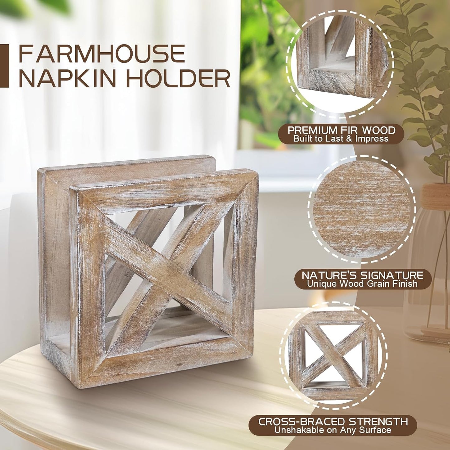 Farmhouse Wooden Napkin Holder / 3"D x 5.5"W x 5.5"H / Vintage Brown