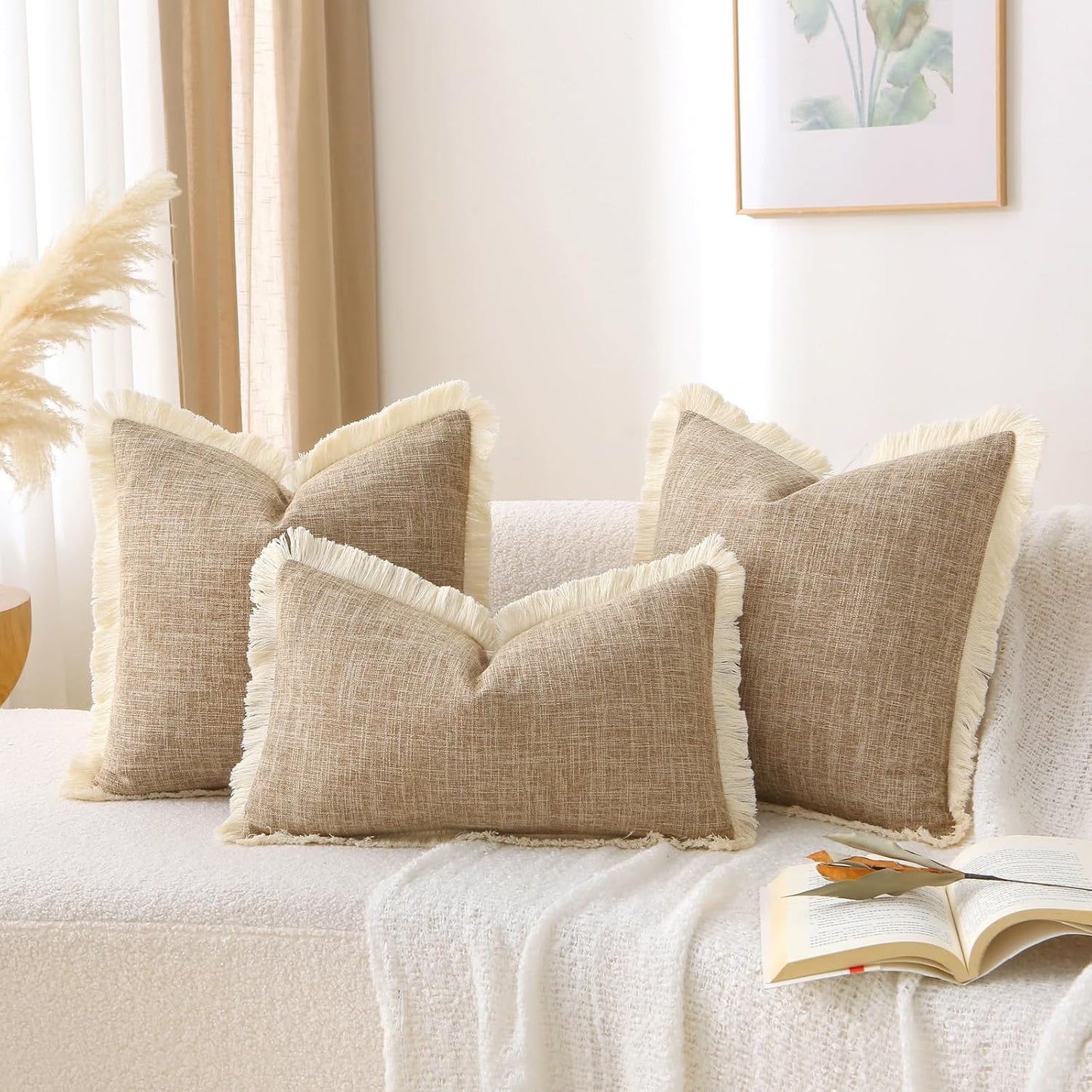Khaki Boho Burlap Fringe Decorative Throw Pillow Covers Rectangle / Taupe / 20 x 12 / Set of 2