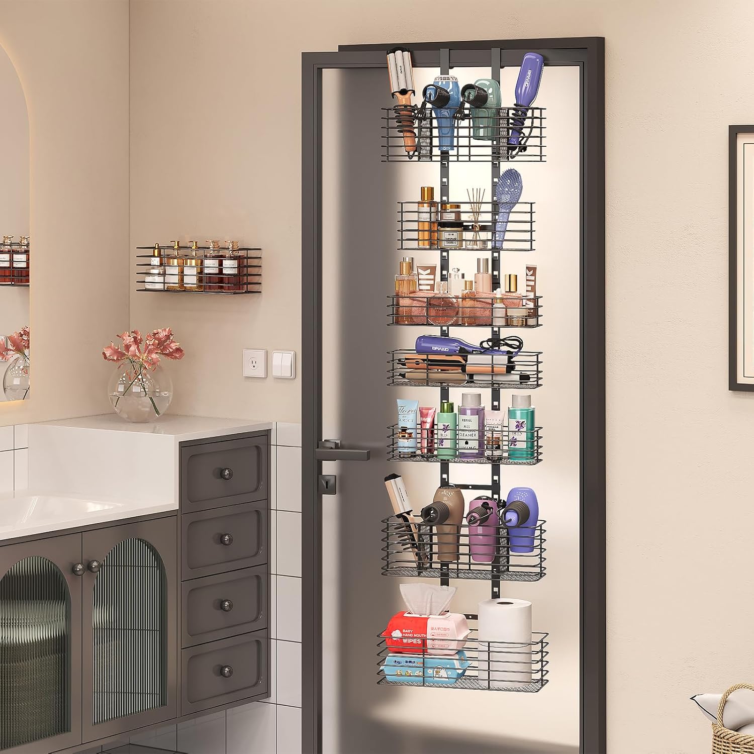 Yuyetuyo 7-Tier Over The Door Organizer, Shower Caddy Hanging &Wall Mounted Hair Tool Organizer/Hair Dryer Holder