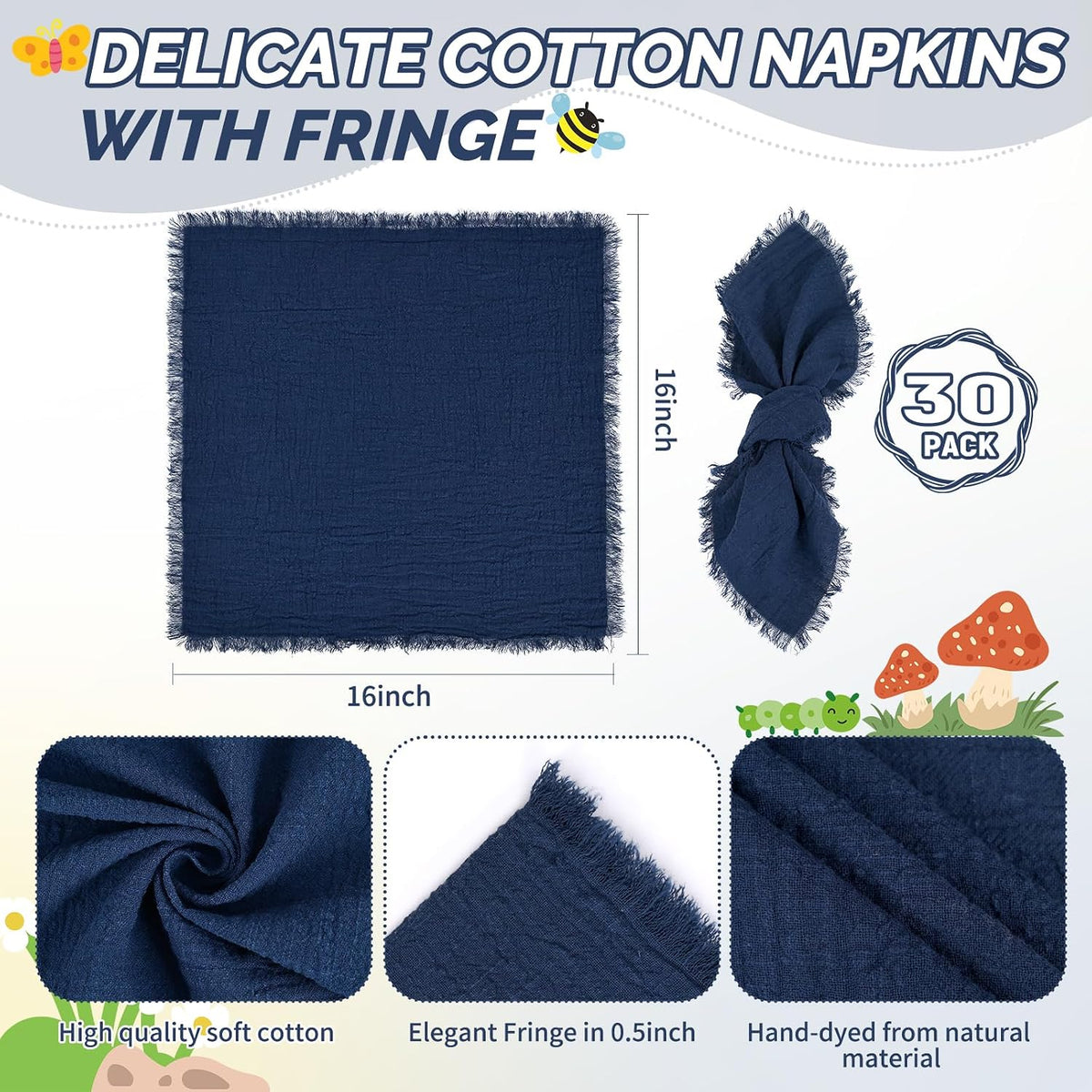 Showgeous 30 Pack Navy Blue Cloth Napkins with Fringe, 16x16 inch | 100% Cotton Blue Napkins Handmade Dinner Napkins
