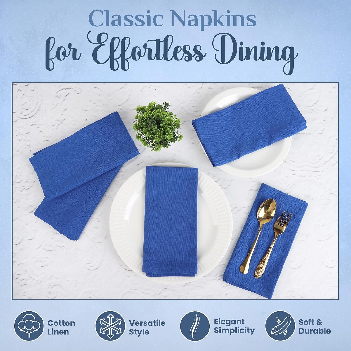 NATURALCRAFT Cloth Napkins Set of 12 Cotton Linen18x18 inch Royal Blue | Washable Reusable Fabric Soft Durable Quality