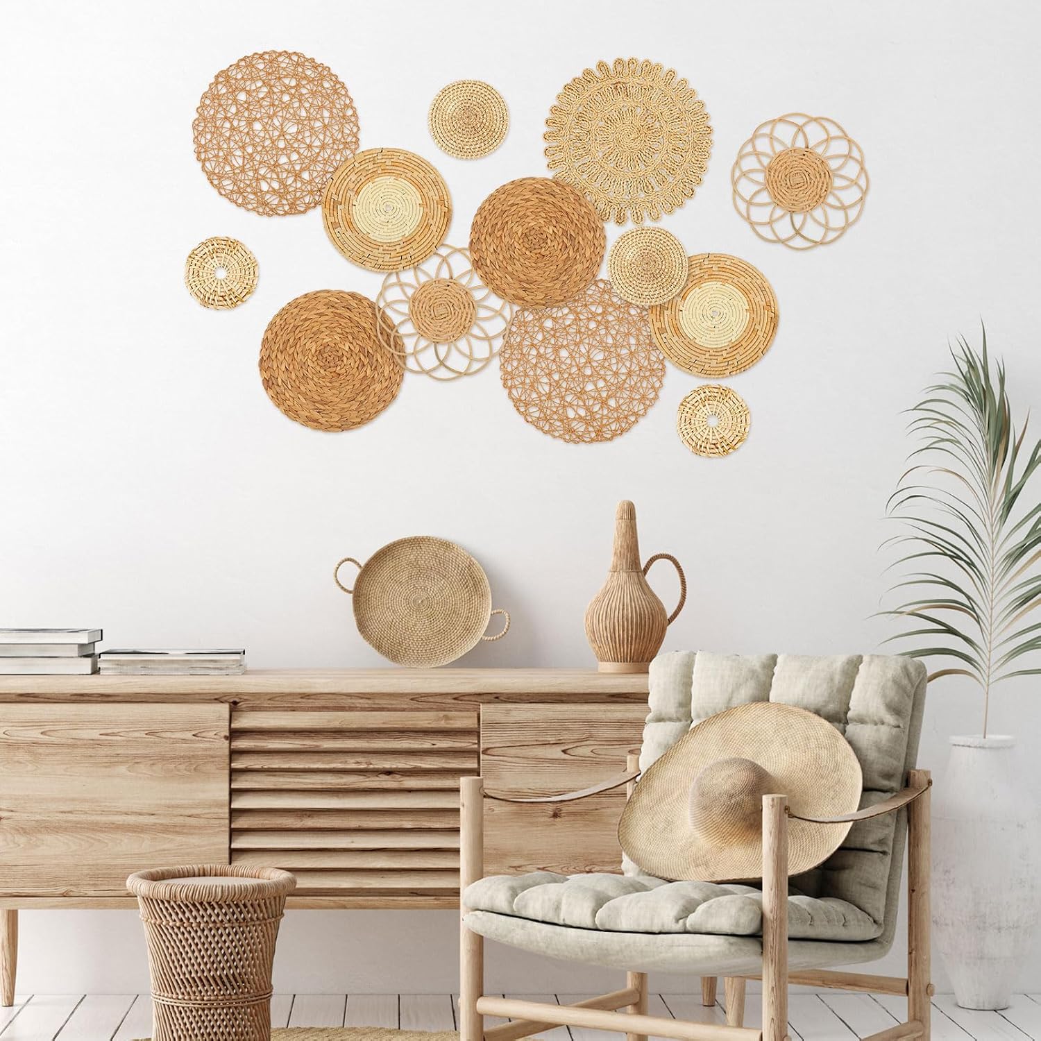 Boho Wall Basket Decor Woven Rattan Flat Baskets Handmade Boho Wicker Bamboo / Classic / Set of 13
