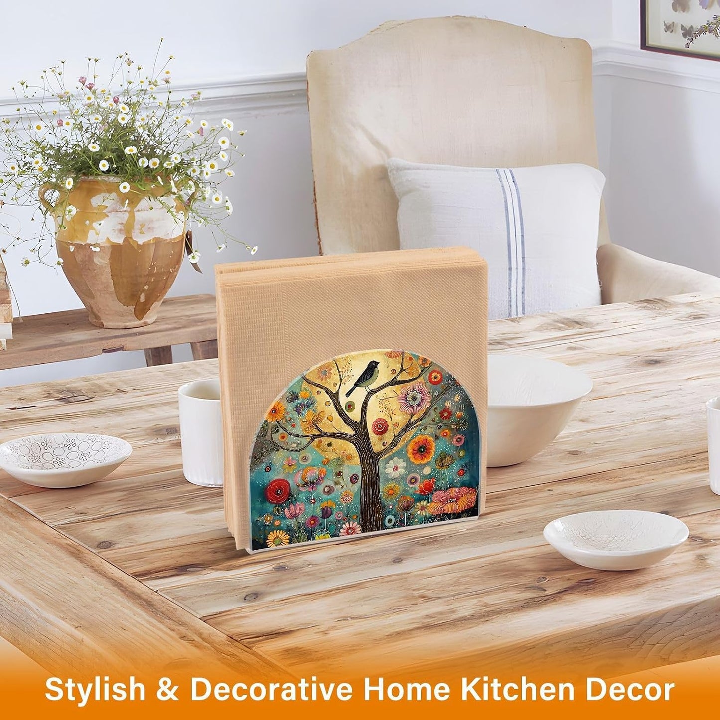 Napkin Holder Acrylic Tissue Dispenser Non-Slip Holds 50-60 Napkins Freestanding / Tree of Life