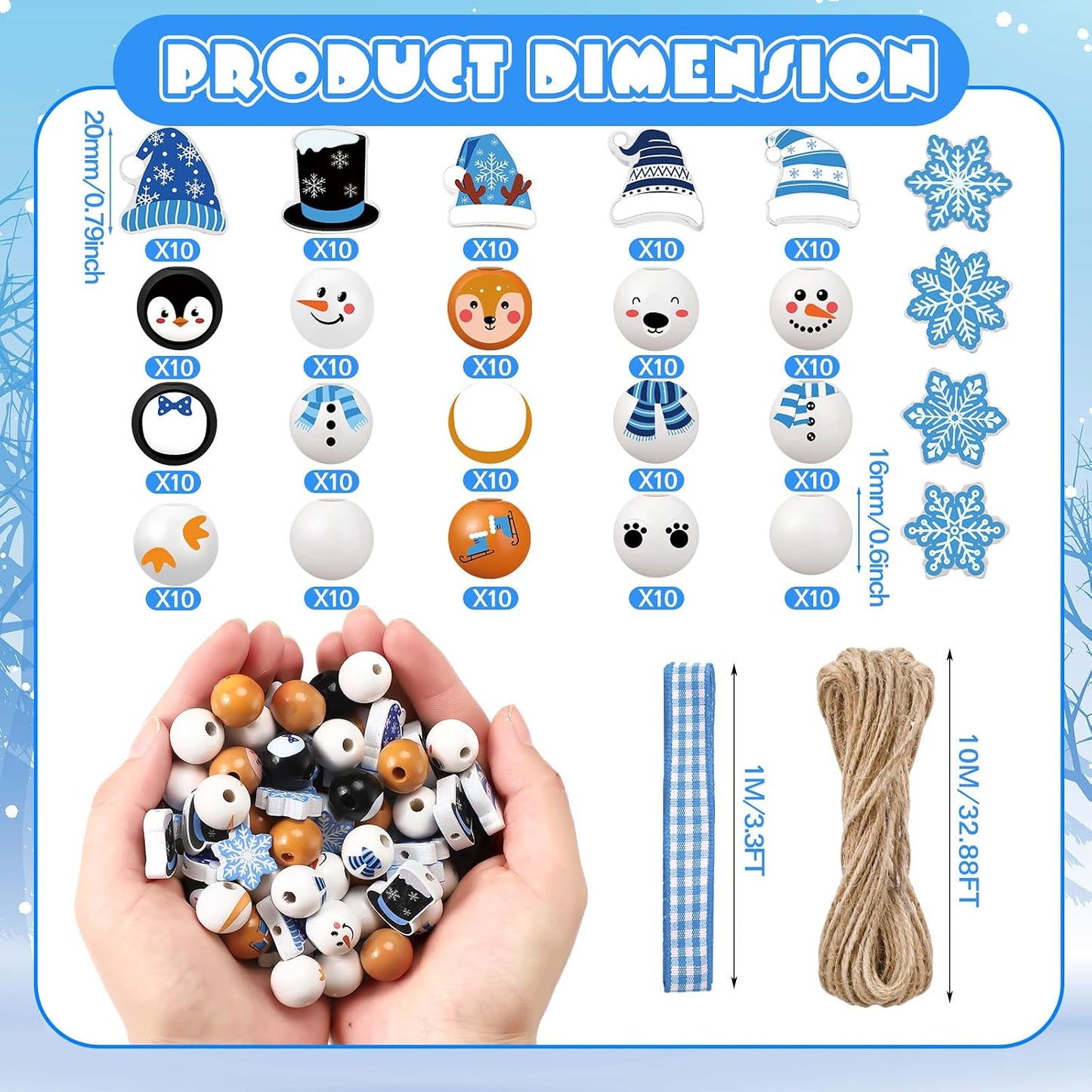Twine Snowman Gingerbread Man Nutcracker Wooden Bead Garland / Set of 240