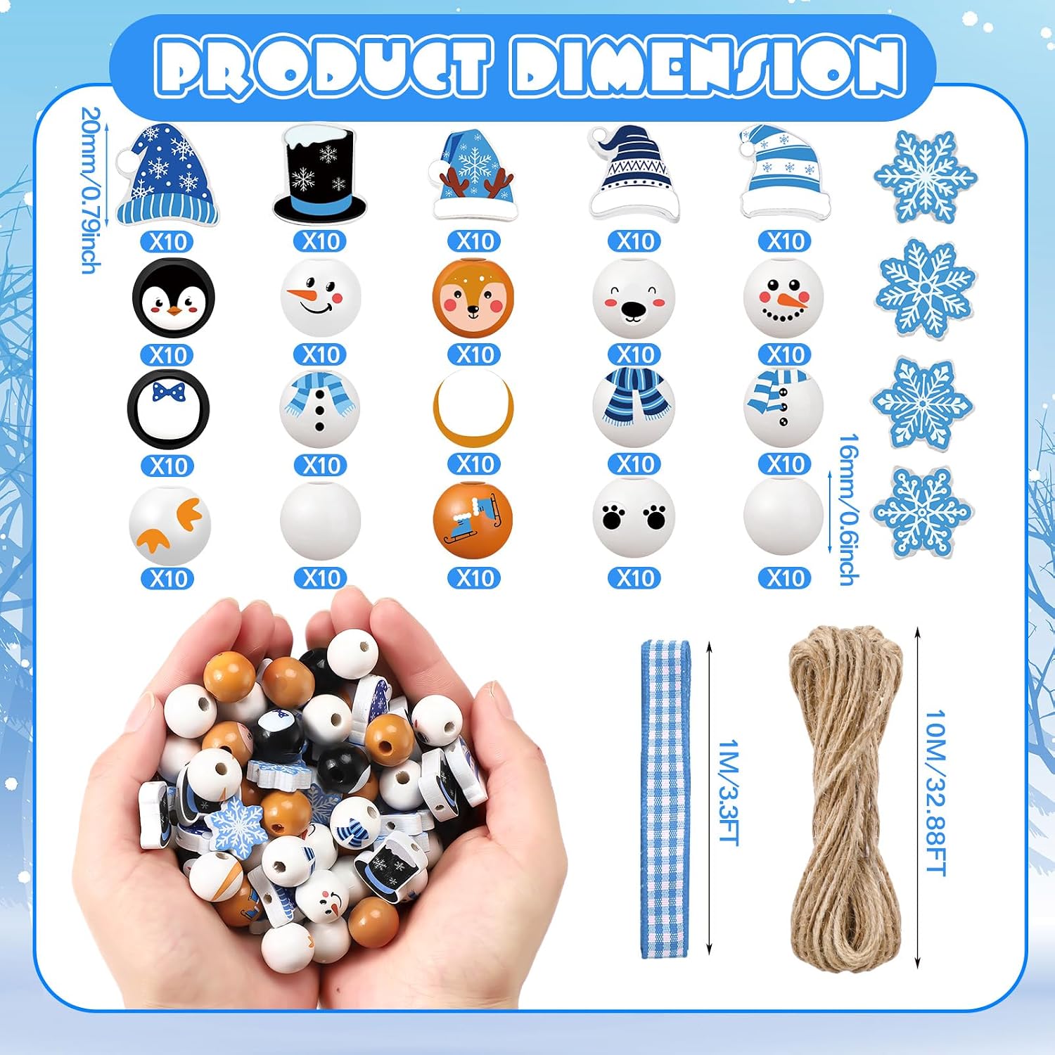 Twine Snowman Gingerbread Man Nutcracker Wooden Bead Garland / Set of 240