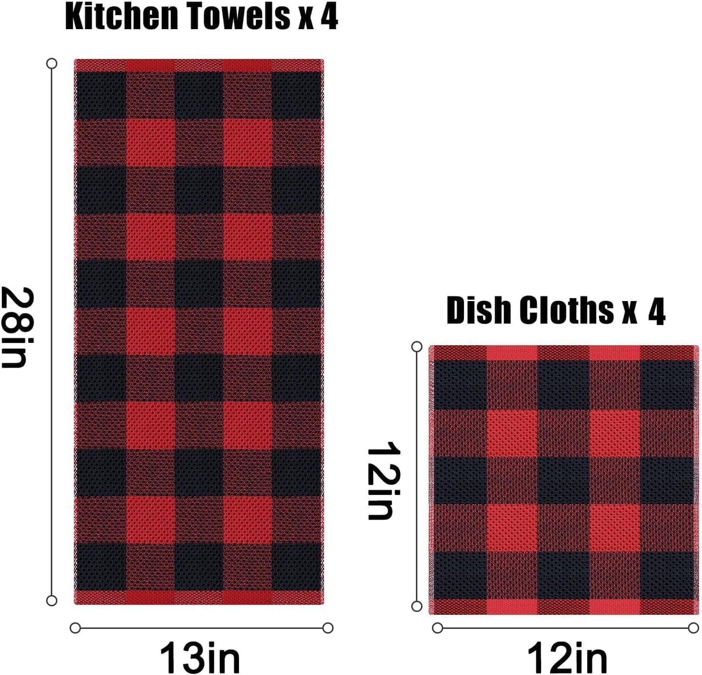 Homaxy Kitchen Towels and Dishcloths Set, Set of 12, Black & Red | Bulk Cotton Waffle Weave Check Plaid Kitchen Towels