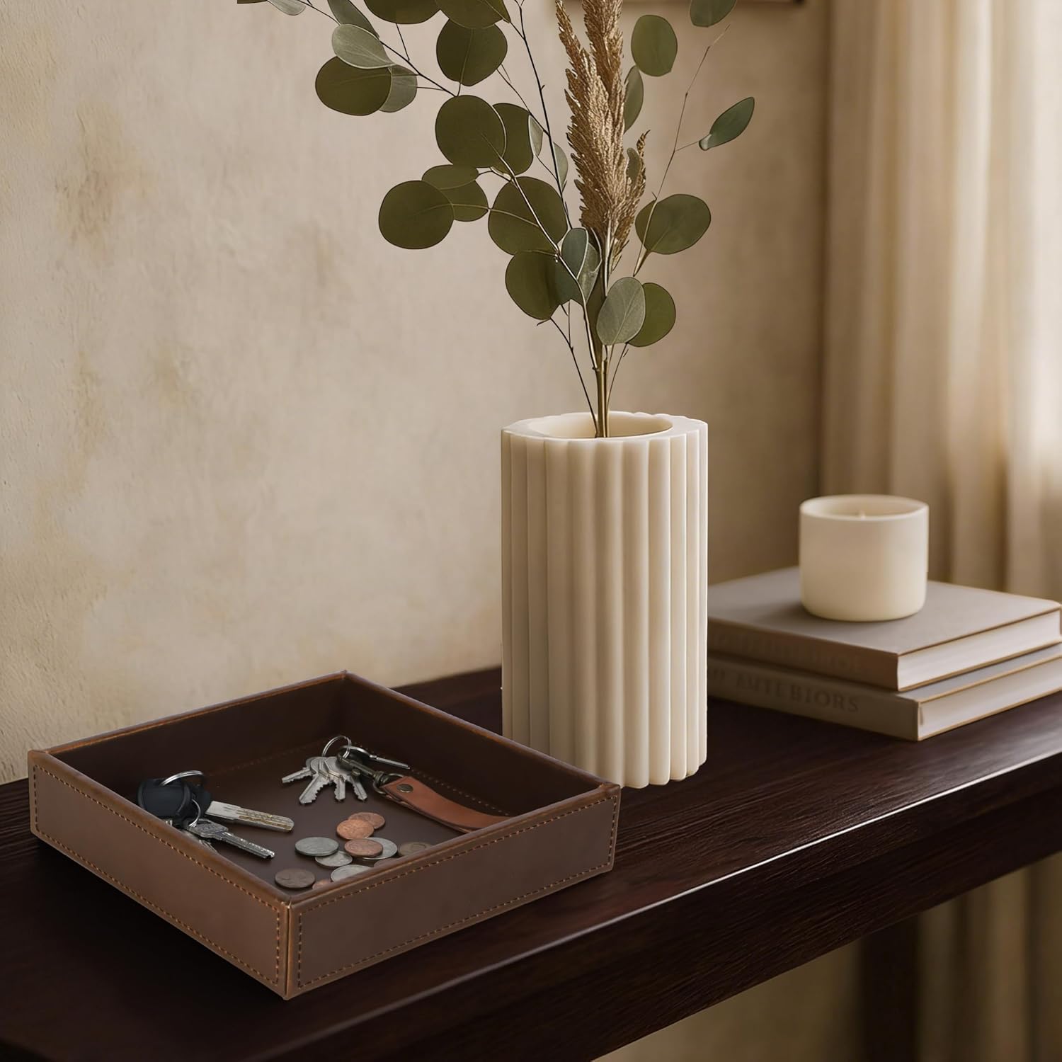 Faux Leather Vanity Tray / Brown / 8 x 8 x 1.8