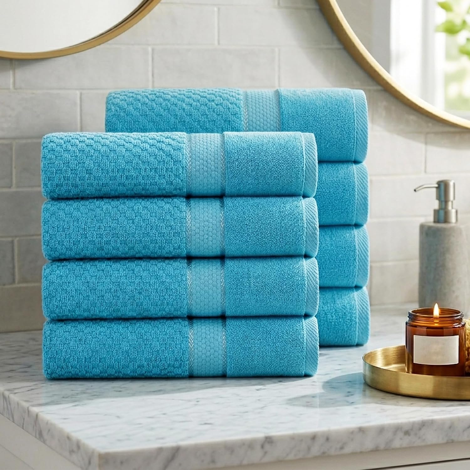 100% Cotton Hand Towels 18x28 Inches, Popcorn Textured, Soft & Absorbent, Quick Dry, Set of 8, Sky Blue