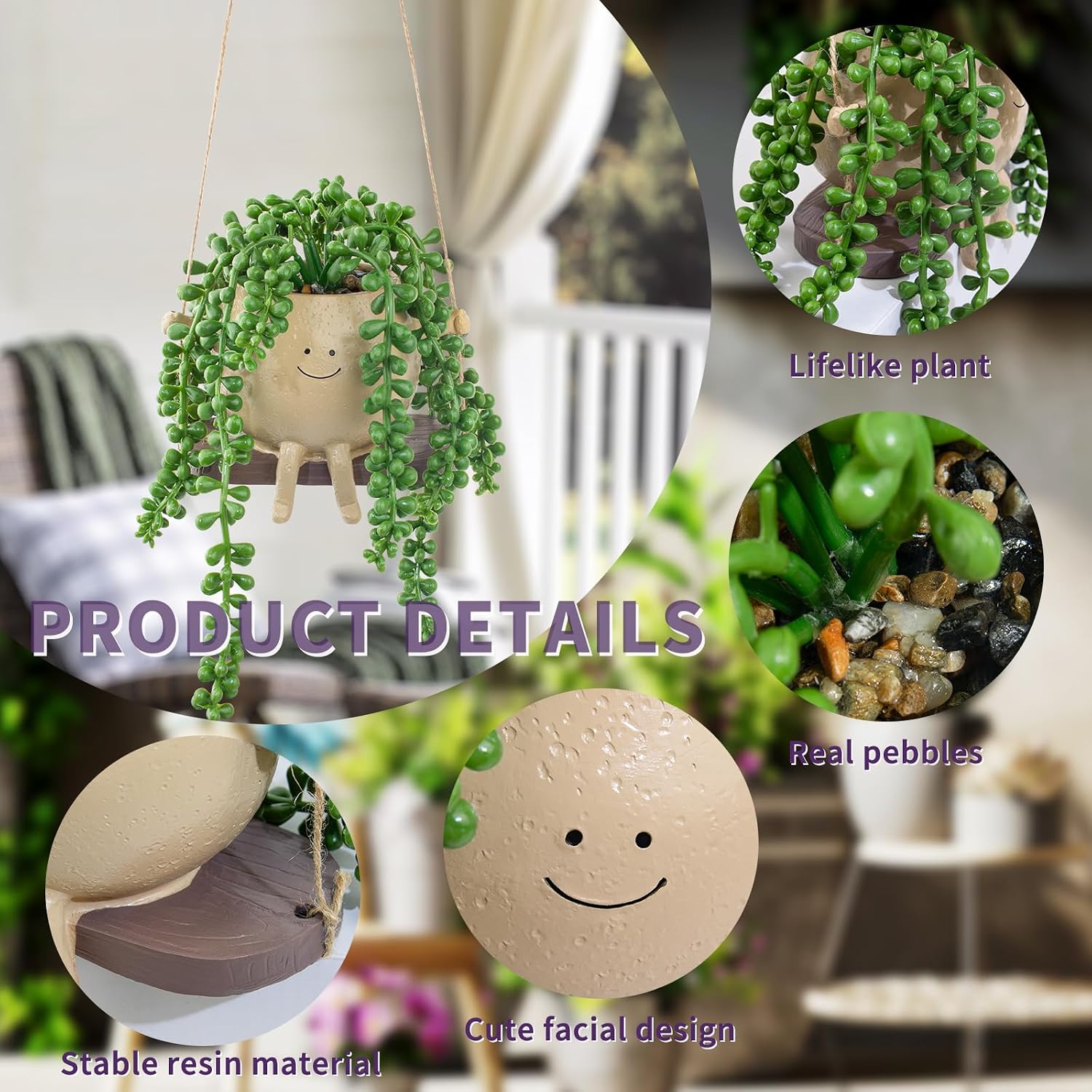 Artificial Hanging String of Pearls Succulent in Smiley Face Swing Planter / Hanging Succulents