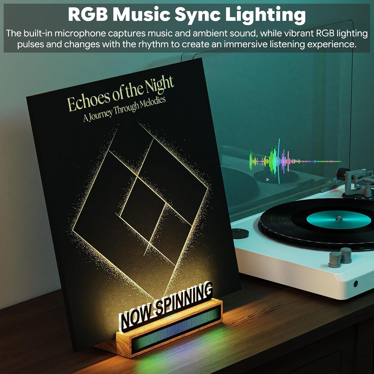 Now Spinning Vinyl Record Stand, Light Up Wooden Acrylic Album Display Holder with RGB Sound-Control Rhythm Lights