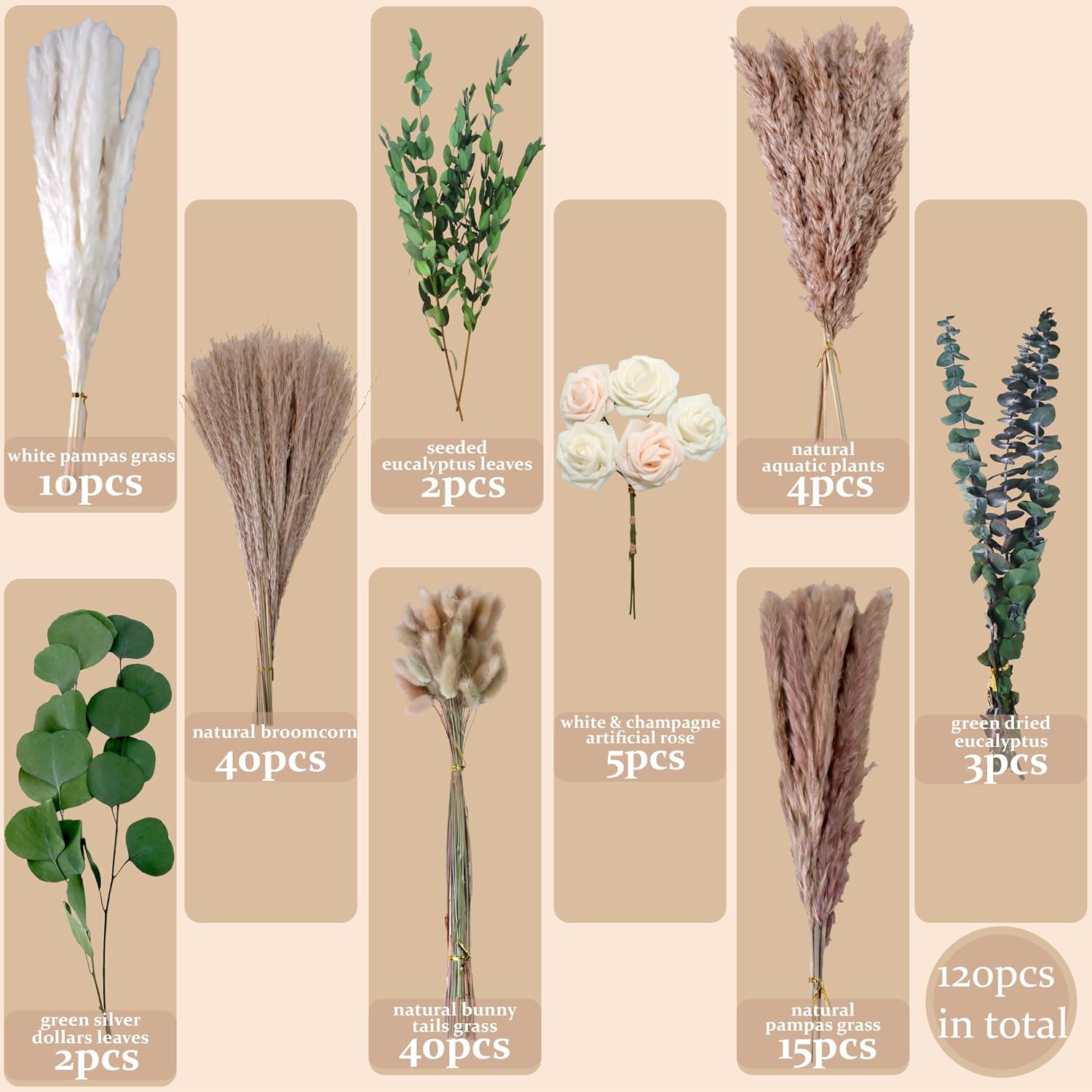 17" Boho Mixed Dried Flower Bouquet for Vase / Natural / Set of 120