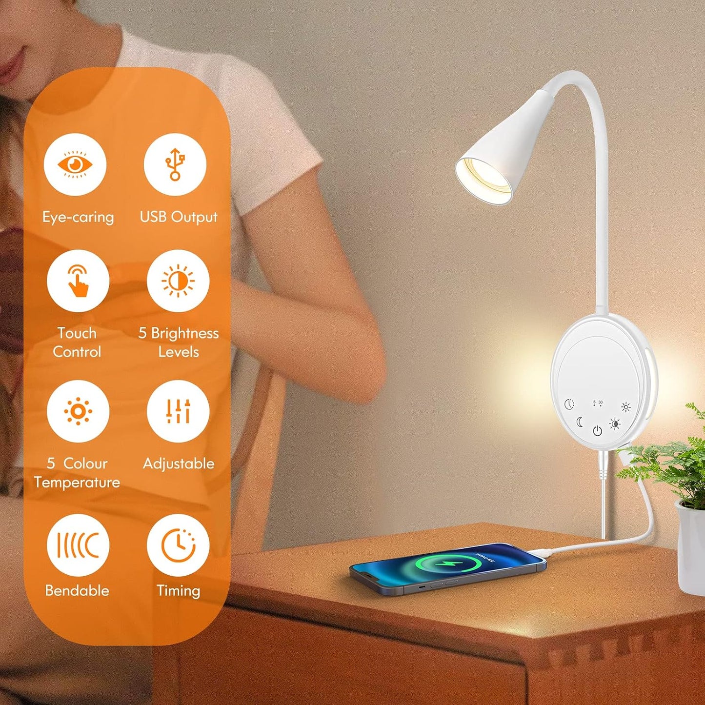 SANKEDOU LED Wall Mounted Reading Light, Book Light for Reading in Bed with Touch Control, 5 Dimmable, USB Output