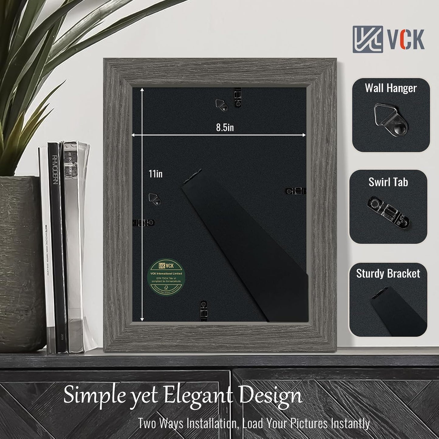 VCK 8.5 by 11 Picture Frame Grey 4 Pack, Wide Thick Wood Border, for Photo | Exclusive Woodgrain, Wall/Tabletop, HD