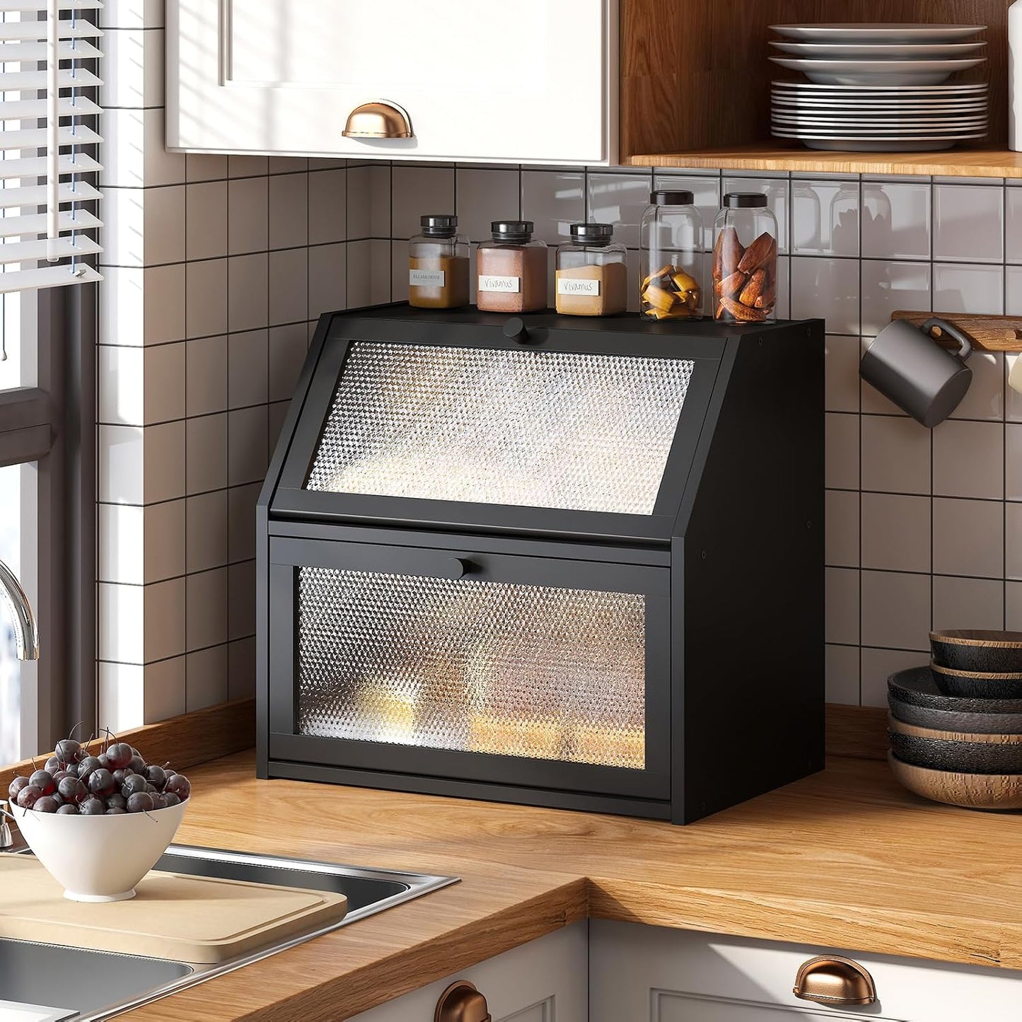 STDDRE Bread Box for Kitchen Countertop Bin Double Layer Bread Box Storage Container Extra Large Capacity with Diamond