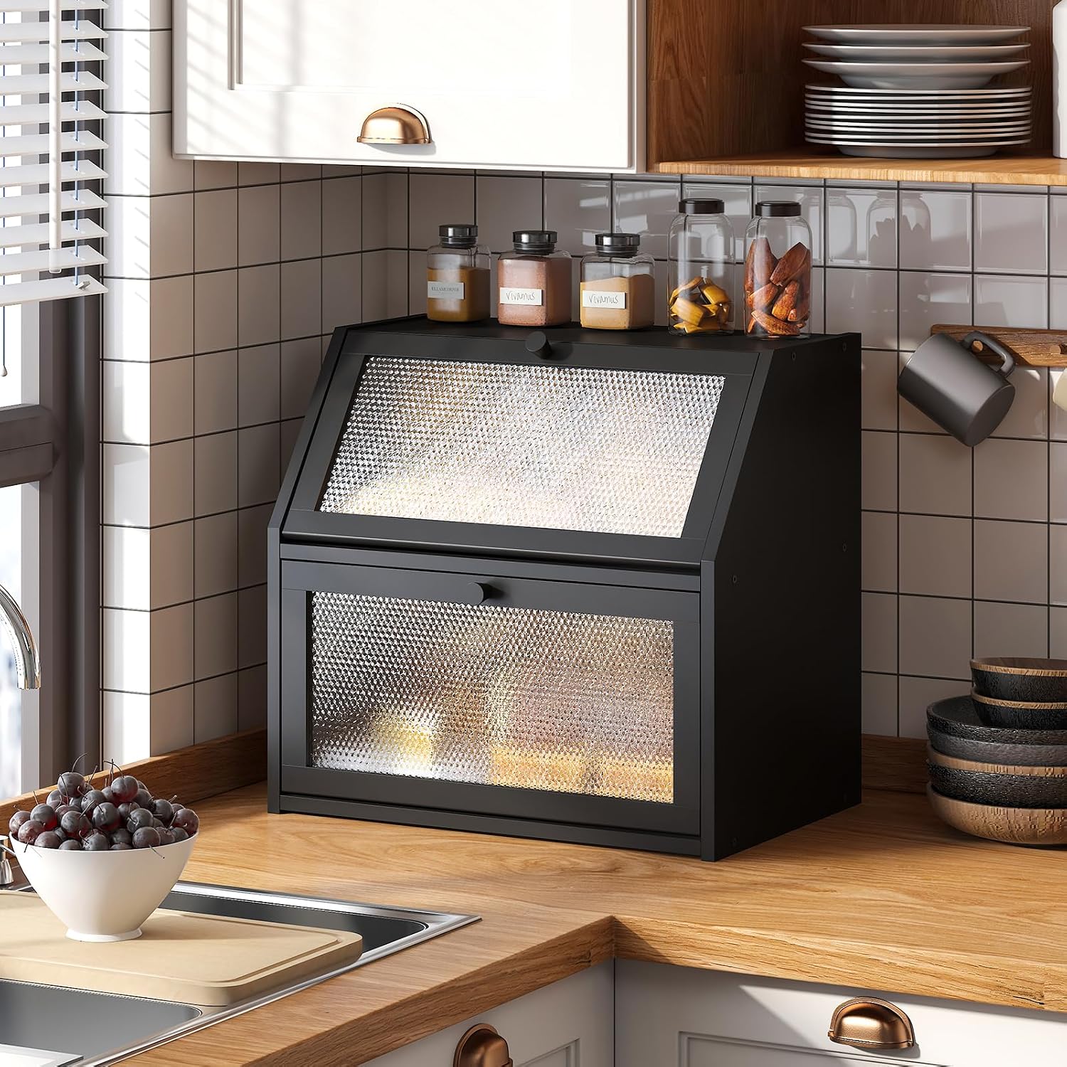 STDDRE Bread Box for Kitchen Countertop Bin Double Layer Bread Box Storage Container Extra Large Capacity with Diamond