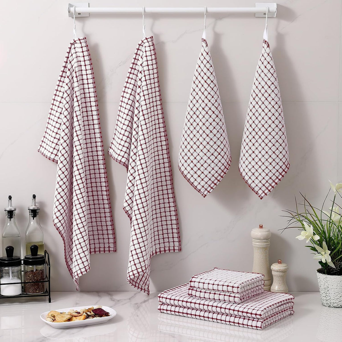 Homaxy Kitchen Towels and Dishcloths Set, Set of 12, Burgundy | Cotton Terry Kitchen Dish Towels, Super Soft and