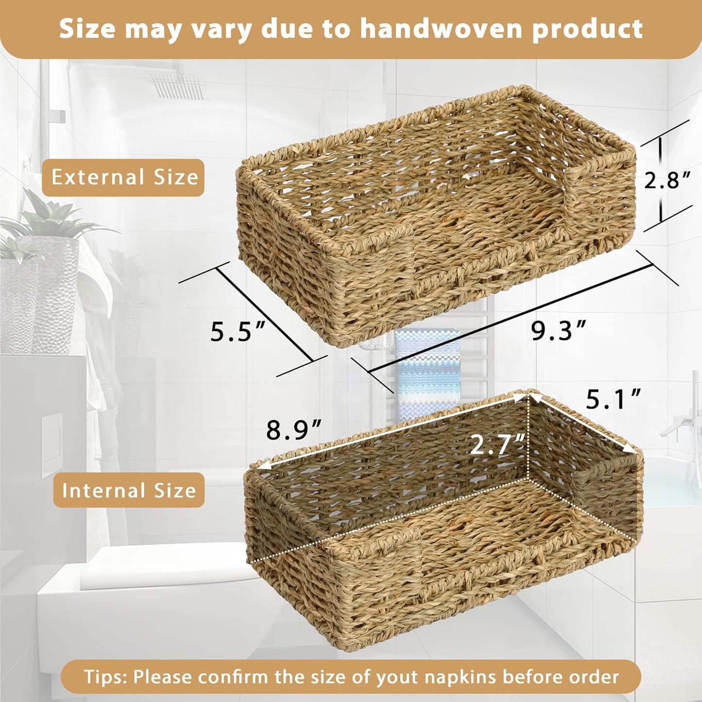 Bathroom Disposable Guest Towel Napkin Holder Long Woven Rattan / Seagrass / L9.4" x W5.5" x H2.8