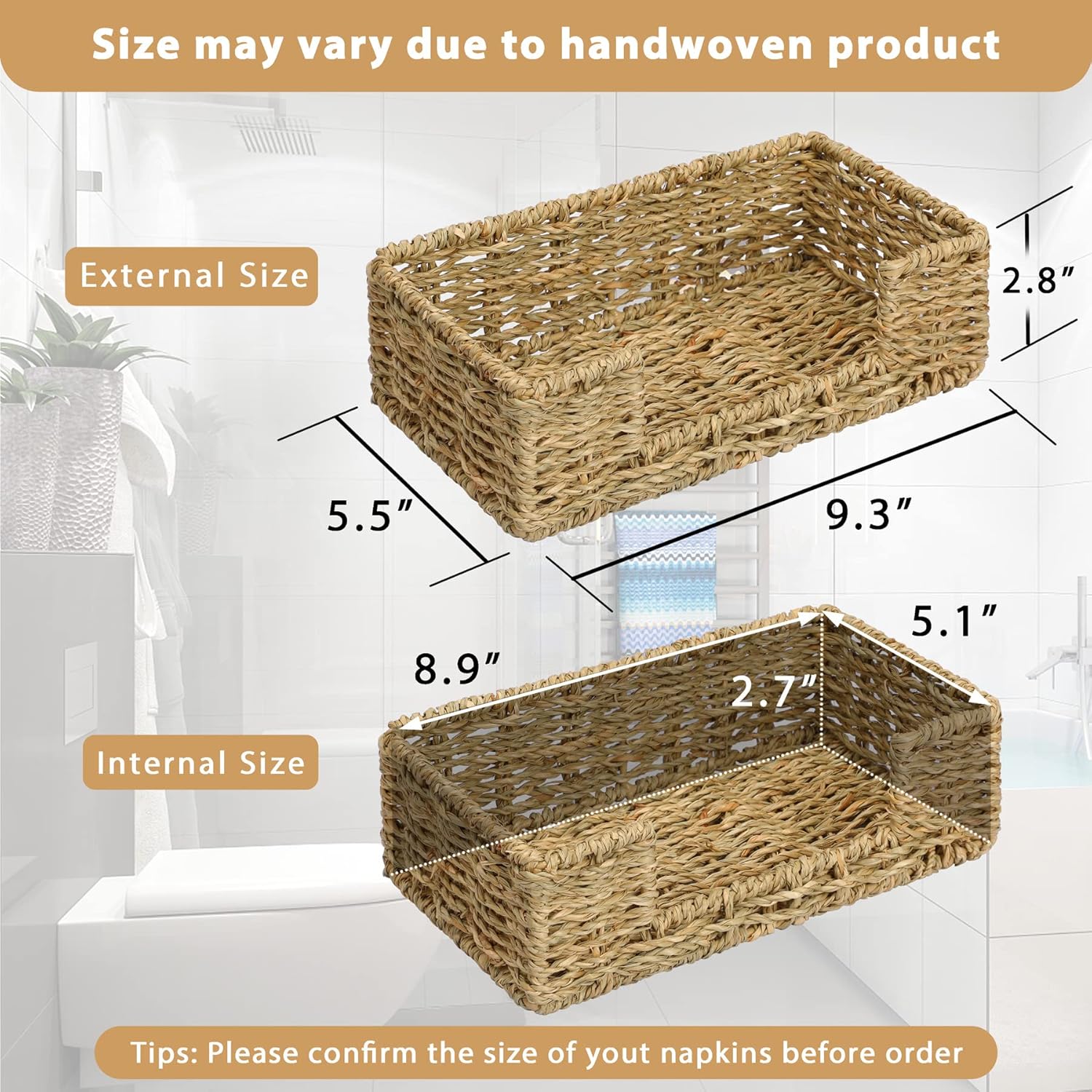 Bathroom Disposable Guest Towel Napkin Holder Long Woven Rattan / Seagrass / L9.4" x W5.5" x H2.8