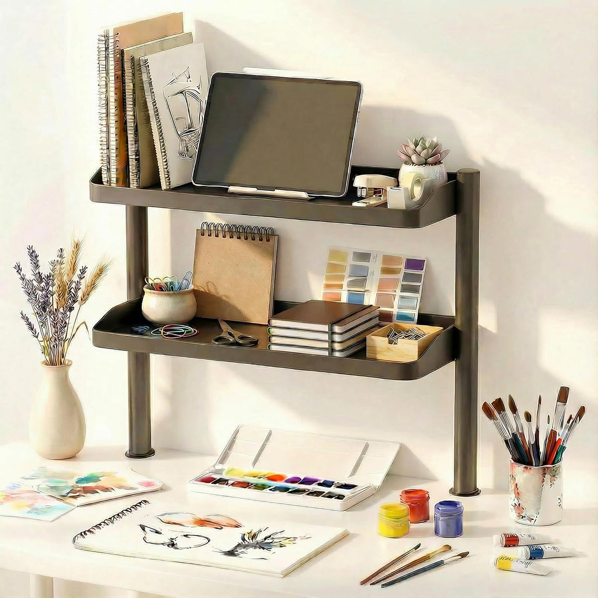 Clamp on Desk Shelf, 17in 2-Tier Office Desk Shelves Organizer, Small Shelf for Top of Desk with Headphone Holder and