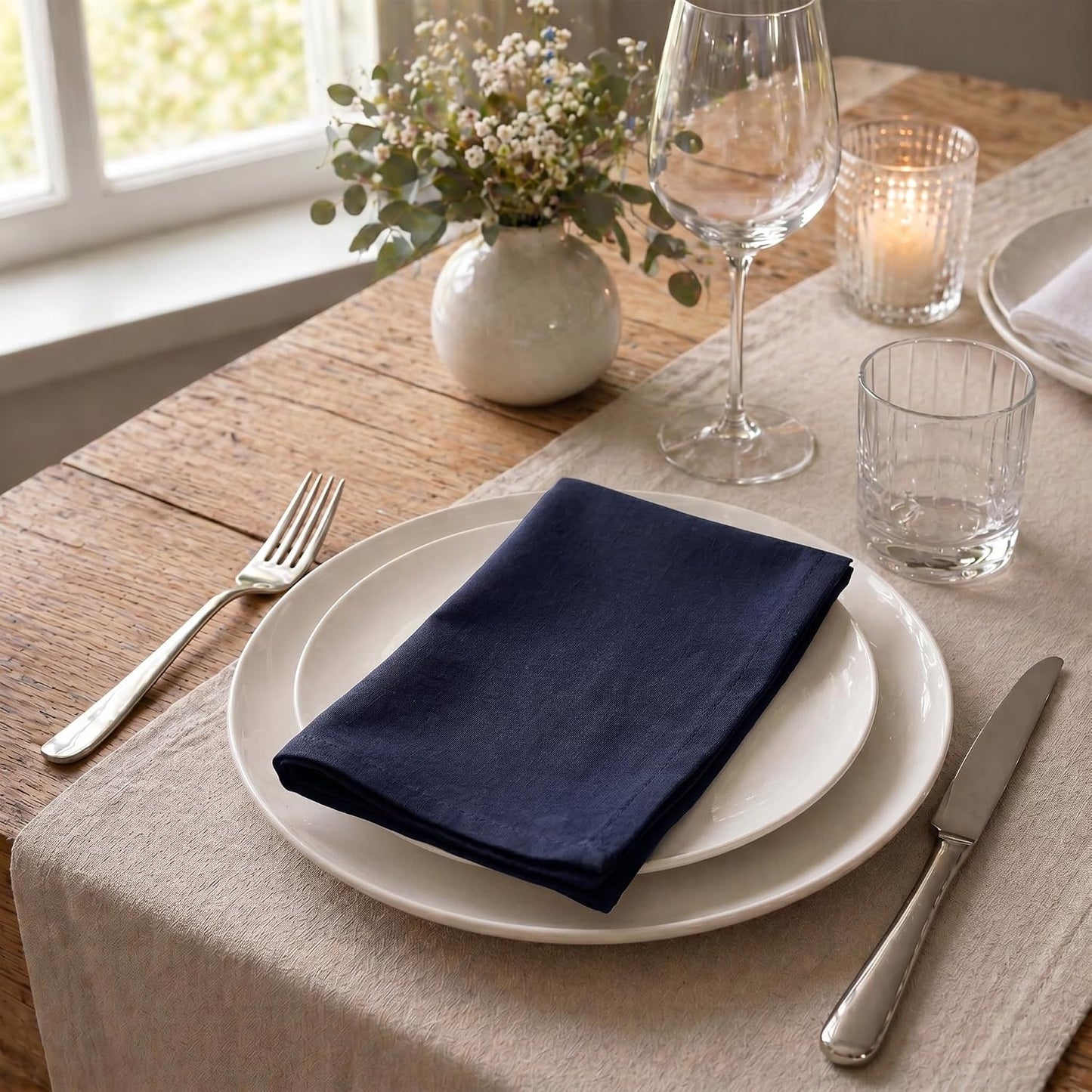 ACCENTHOME Navy Cotton Linen Napkin Set of 12 18x18 inch Dinner Napkins | Cotton Linen Blend Napkins, Machine Wash On
