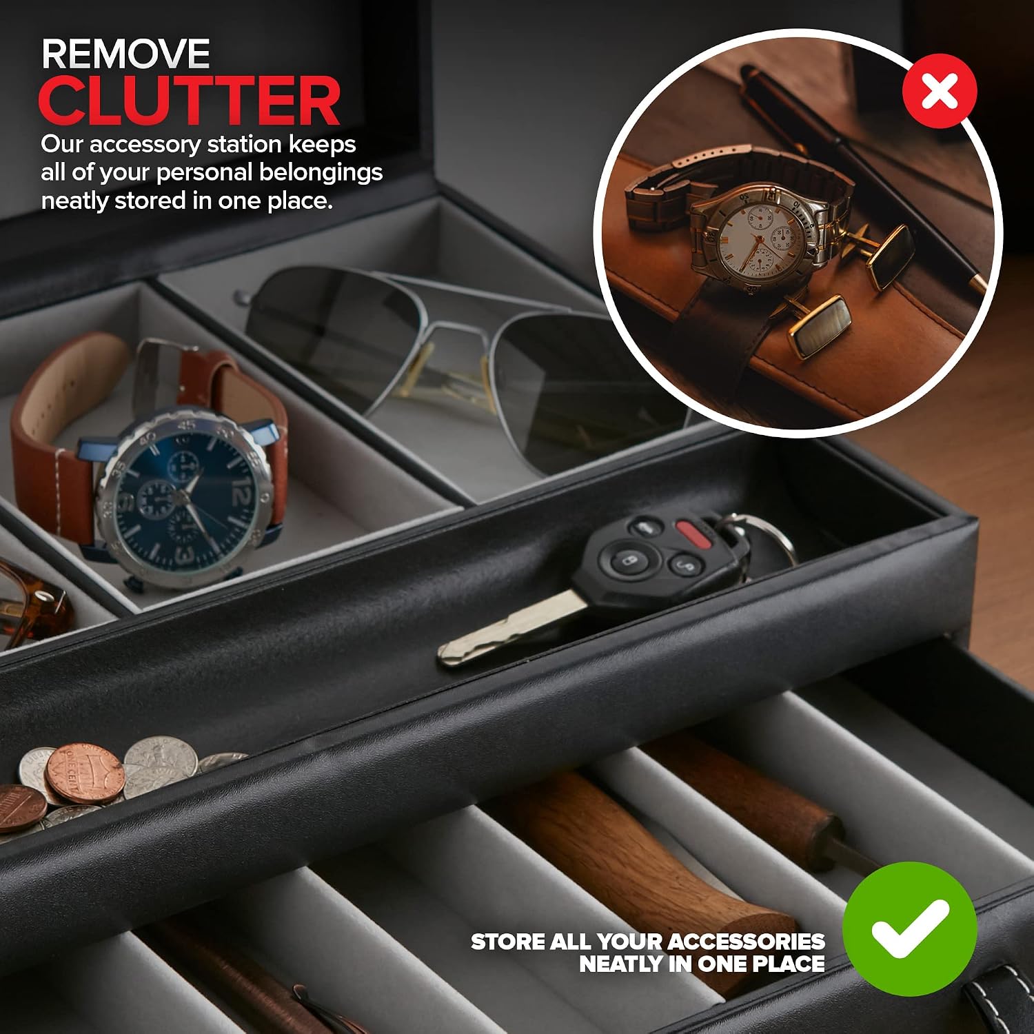 Stock Your Home Mens Valet Tray, Men's Jewelry Box, Night Stand Organizers and Storage, Bedside Table Organizer, Watch