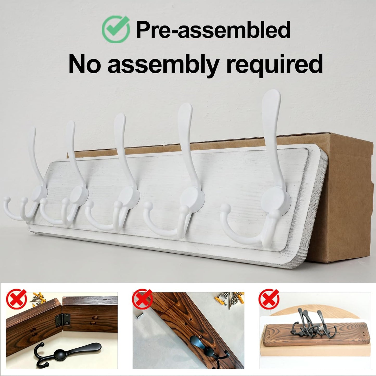 WEBI Coat Rack Wall Mounted,Wood Coat Hooks Wall Mount,16" Hole to Hole,Large Coat Hanger Wall Hook Rack,5 Triple Hooks
