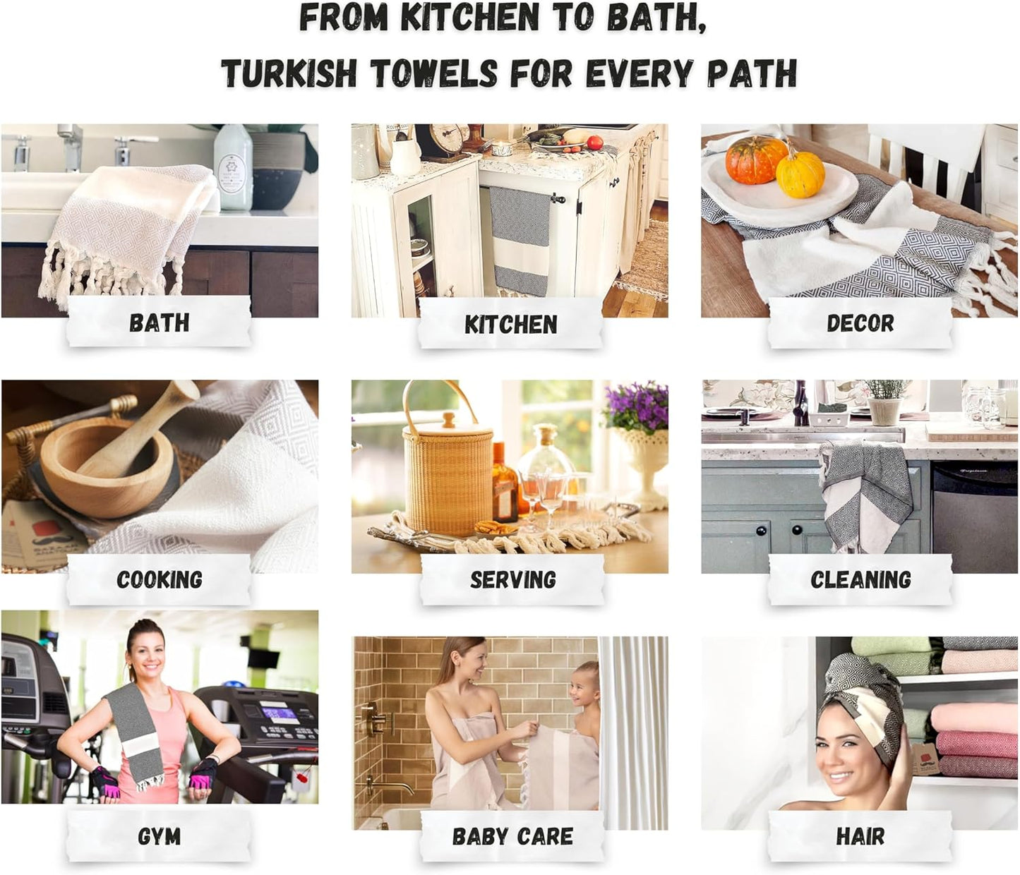 Hand Towels - Set of 4 | 39" x 19" - Decorative Turkish Hand Towel for Bathroom, 100% Cotton, Kitchen, Face, Hair, Tea
