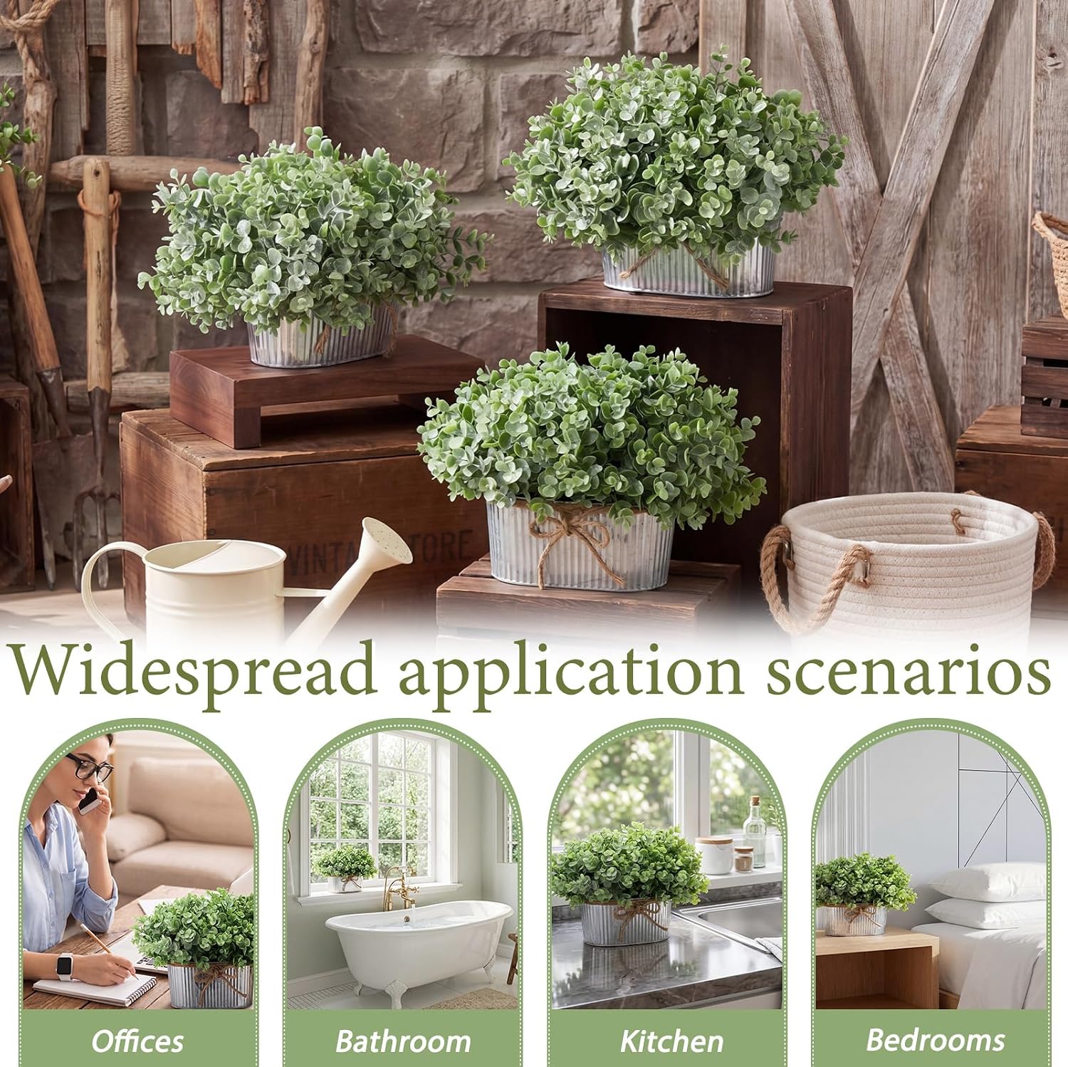 Spring Mini Potted Artificial Fake Plants Farmhouse Galvanized Metal Pots / Eucalyptus / Set of 3