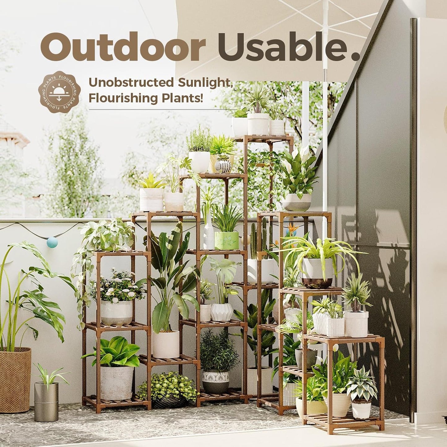 Bamworld Plant Shelf Indoor Large Plant Shelf Tall Flower Stands 16 Pots Outdoor Plant Rack for Garden Balcony Patio