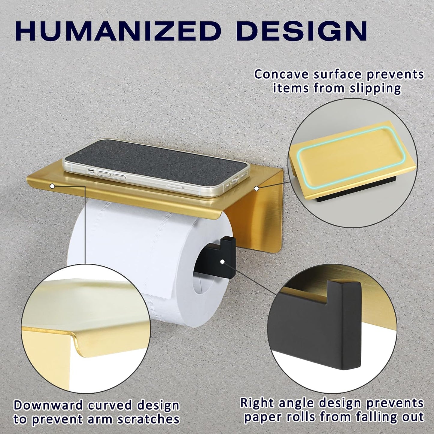 Alise Toilet Paper Holder with Shelf Wall Mounted,Gold and Black Finish | Self Adhesive or Drilling,SUS304 Stainless