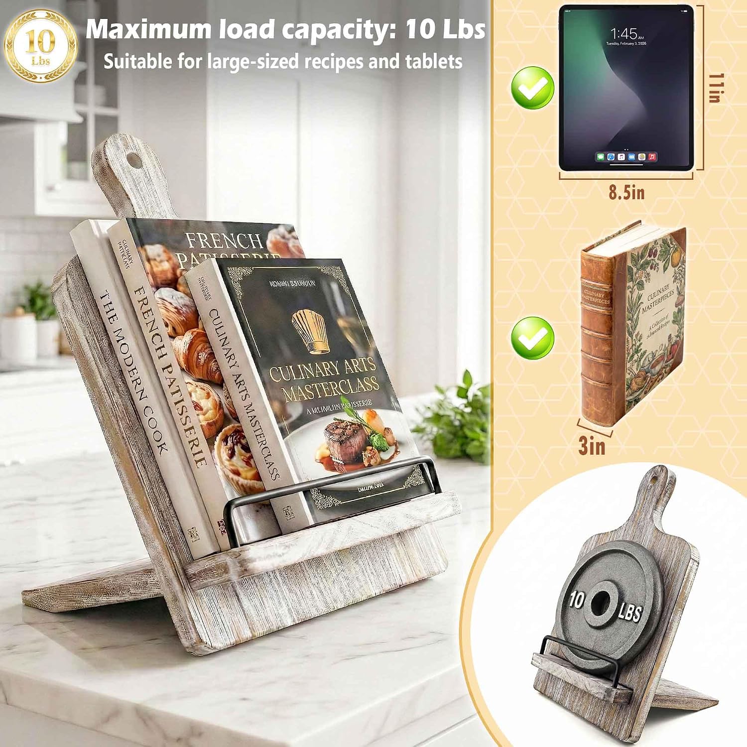 Grey Cookbook Stand for Kitchen Counter: Wooden Recipe Book Holder | Solid Wood with Measurement Chart, Holds 2" Thick