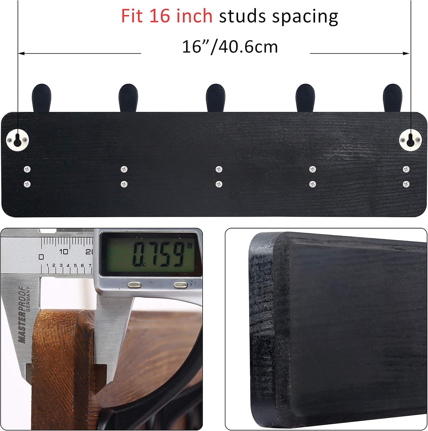 WEBI Coat Rack Wall Mount,Coat Hooks Wall Mounted Rustic,16" Hole to Hole,Large Coat Hanger Wall,Wood Hook Rack,5