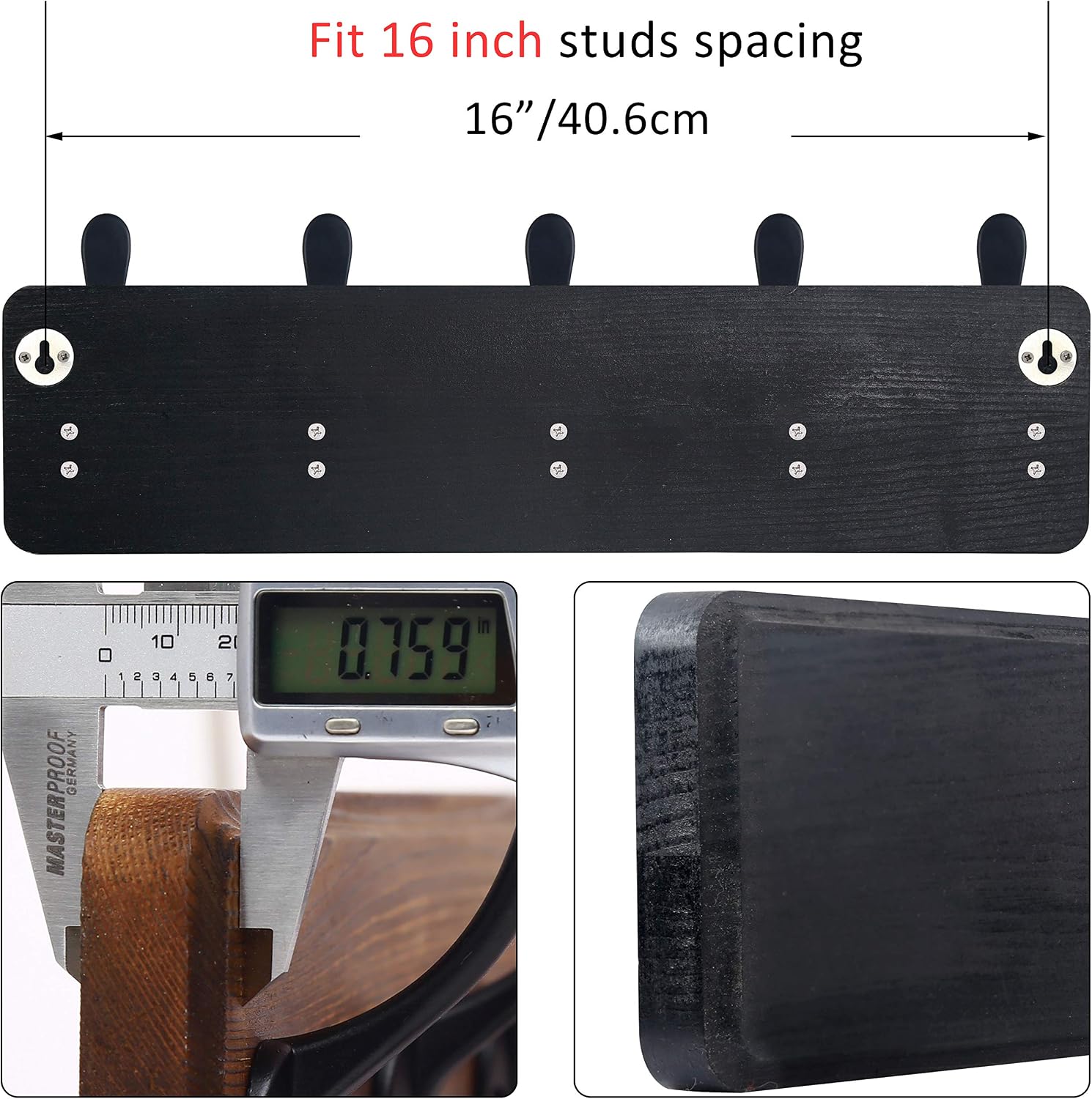 WEBI Coat Rack Wall Mount,Coat Hooks Wall Mounted Rustic,16" Hole to Hole,Large Coat Hanger Wall,Wood Hook Rack,5