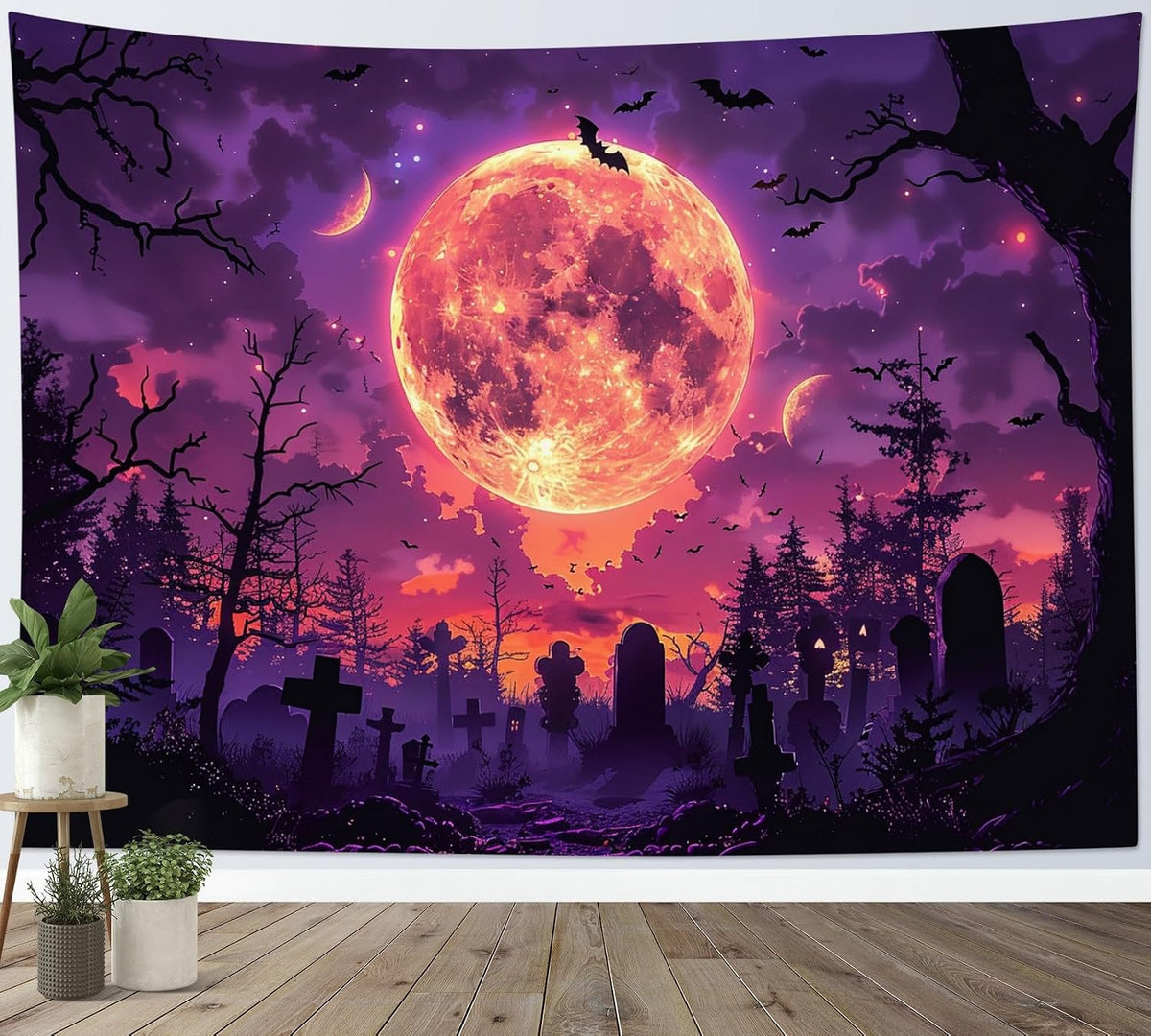 LB Spooky Halloween Tapestry Wall Hanging Black Bat Dead Tree Horror Graveyard Tapestry Purple Moon Night Forest Tapestries Backdrop Art Decor for Bedroom Living Room College Dorm,59Wx51H inch
