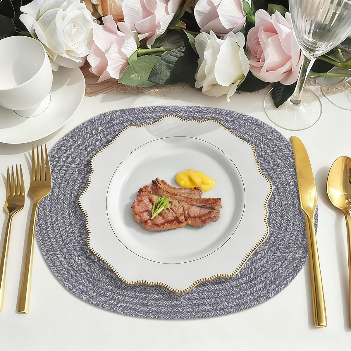 Oval Woven Placemats Set of 6, Boho Cotton Rope Braided Table Mats, 17x13 Inches Non Slip Heat Resistant Place Mats for