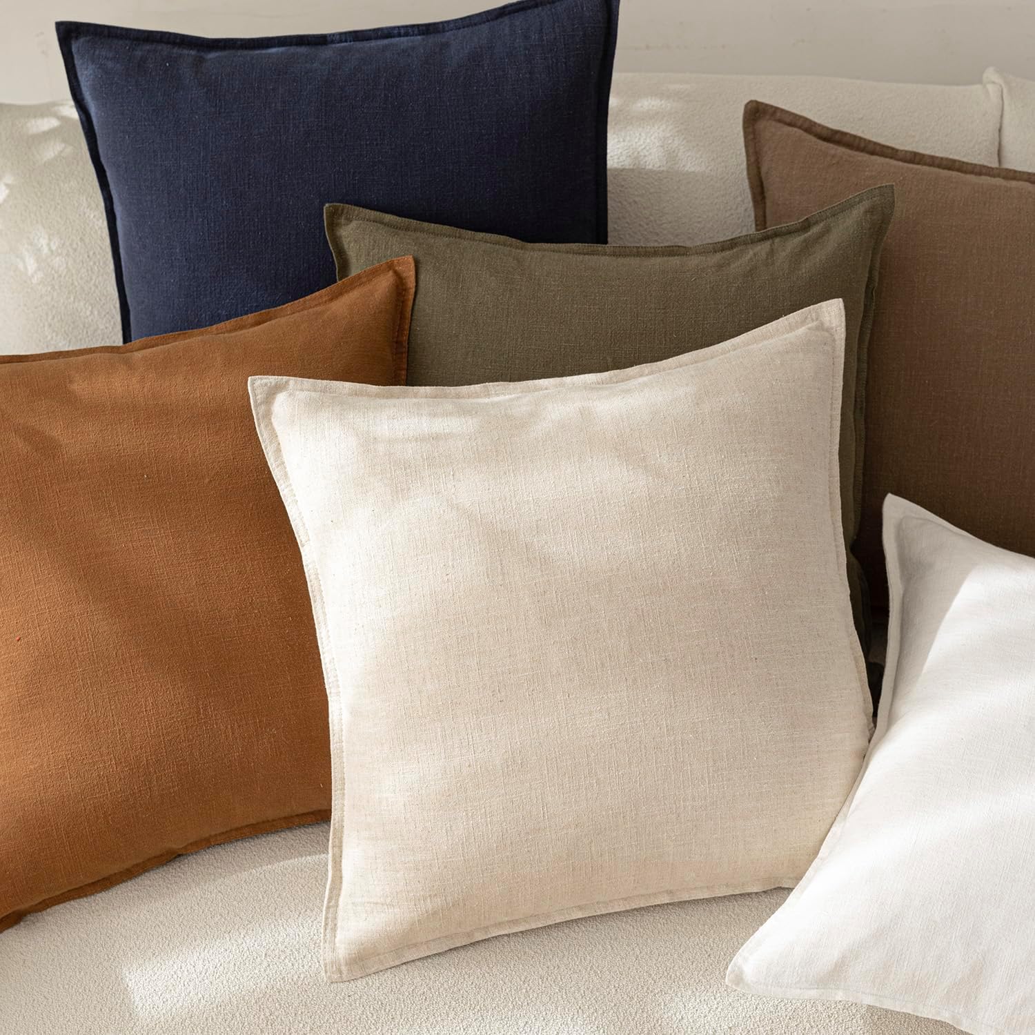 Decorative Linen Soild Throw Pillow Covers Soft Accent Cushion / 18 x 18 / Natural Beige / Set of 2