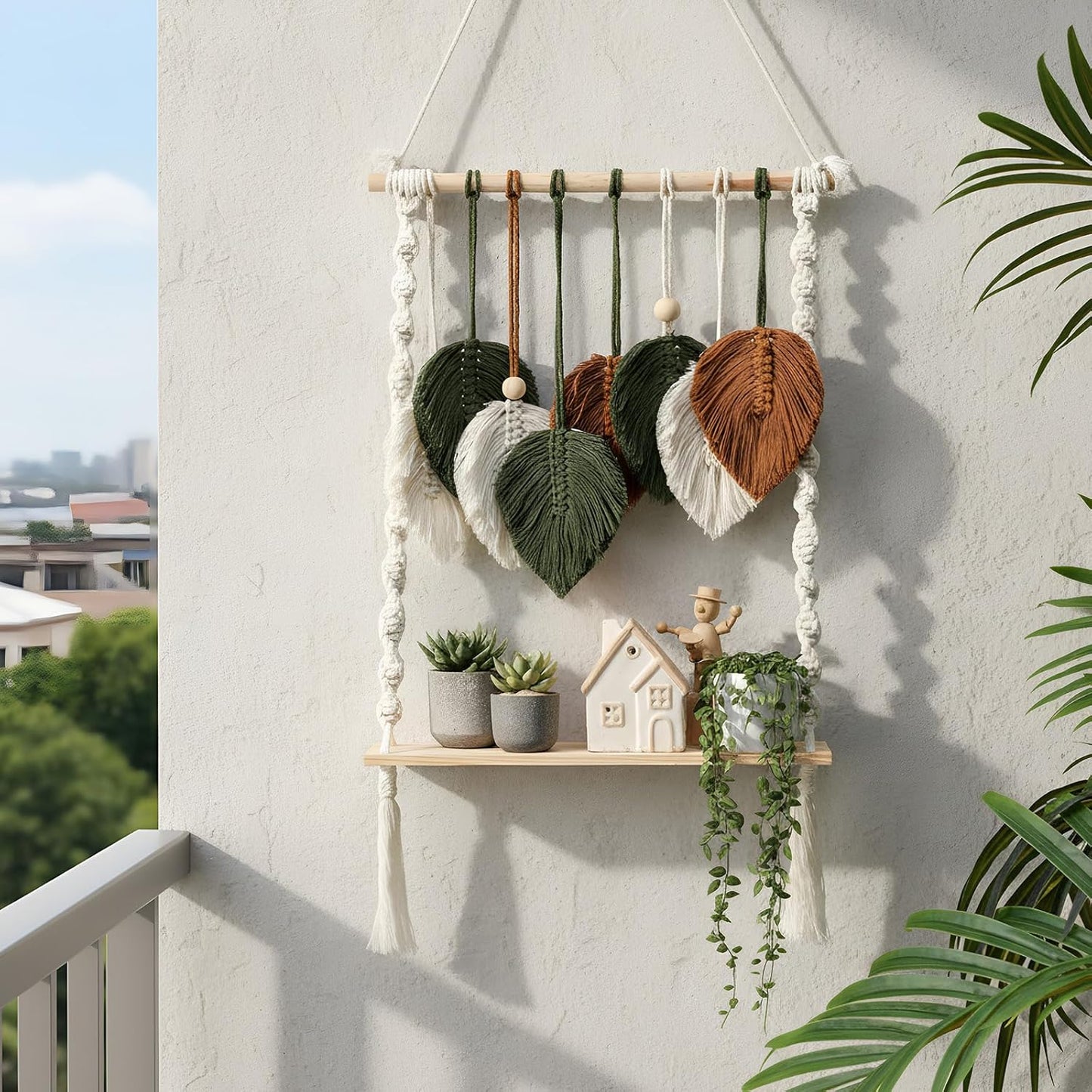 Single Tier Macrame Boho Wall Hanging Shelf Handmade Bohemian Wooden Woven Floating Storage Shelves
