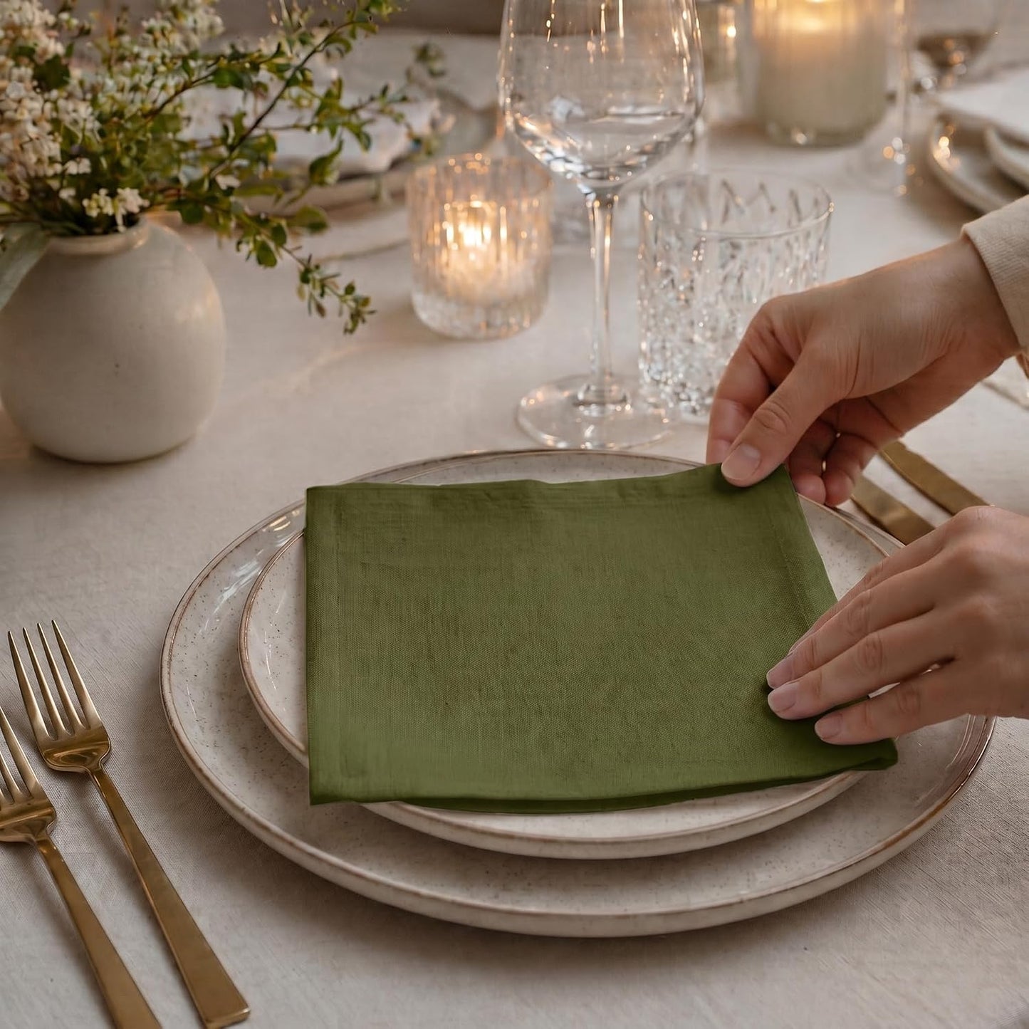 ACCENTHOME Olive Green Cotton Linen Napkin Set of 12 18x18 inch Dinner | Cotton Linen Blend Napkins, Machine Wash On
