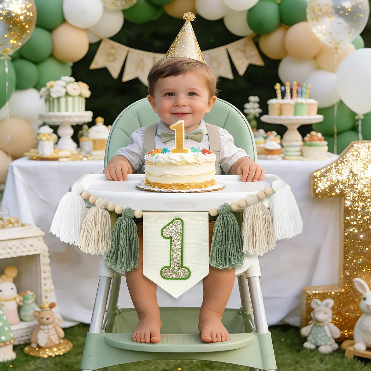 Wild One 1st Highchair Banner Handmade Wood Bead Tassel Garland Birthday Party / Green White