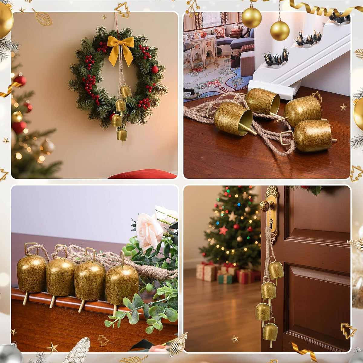 2 Pack Gold Metal Vintage Bells with Jute Hanging Rope