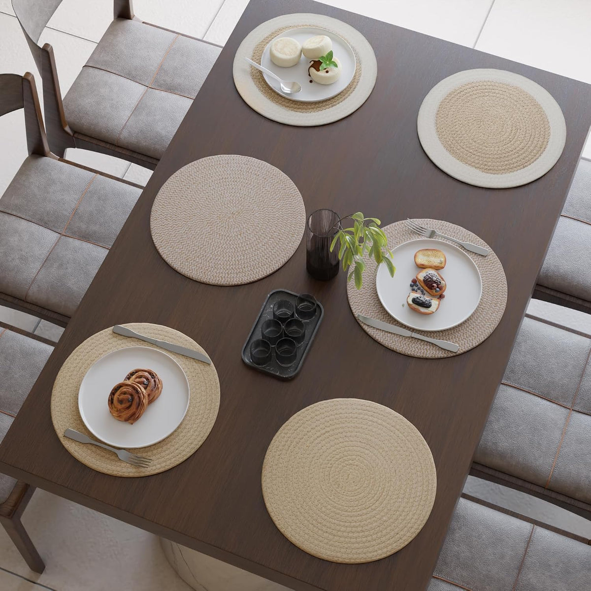 Encasa XO Placemats, Round Cotton Dining Table Mats 13" | Beige Mix Combo, Handcrafted Ribbed Texture | Heat Resistant
